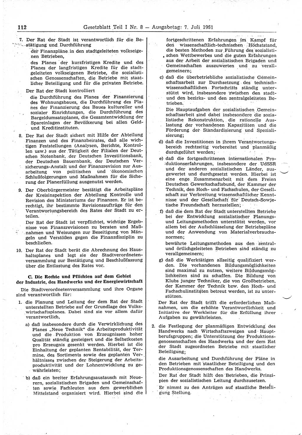 Gesetzblatt (GBl.) der Deutschen Demokratischen Republik (DDR) Teil Ⅰ 1961, Seite 112 (GBl. DDR Ⅰ 1961, S. 112)