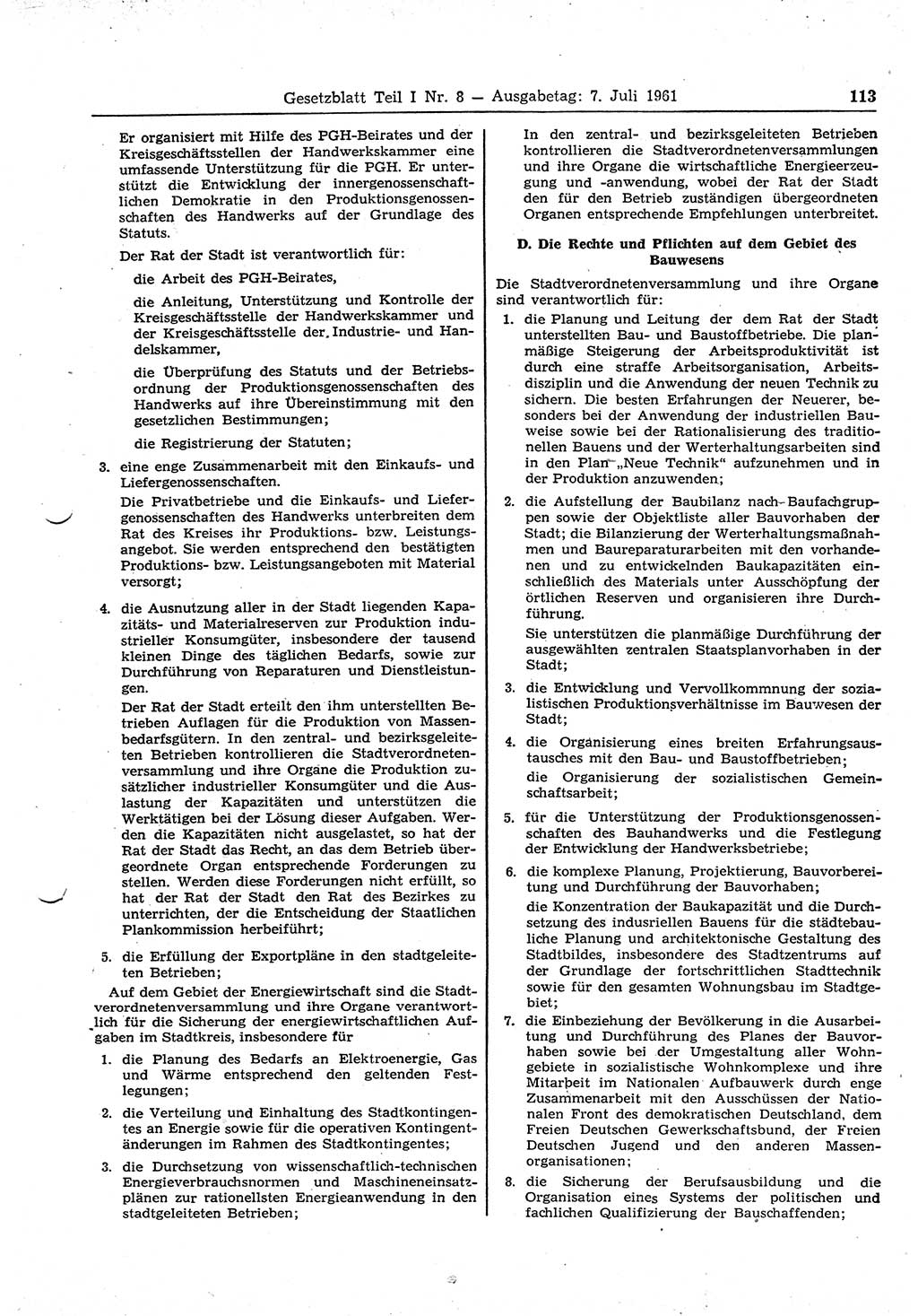 Gesetzblatt (GBl.) der Deutschen Demokratischen Republik (DDR) Teil Ⅰ 1961, Seite 113 (GBl. DDR Ⅰ 1961, S. 113)