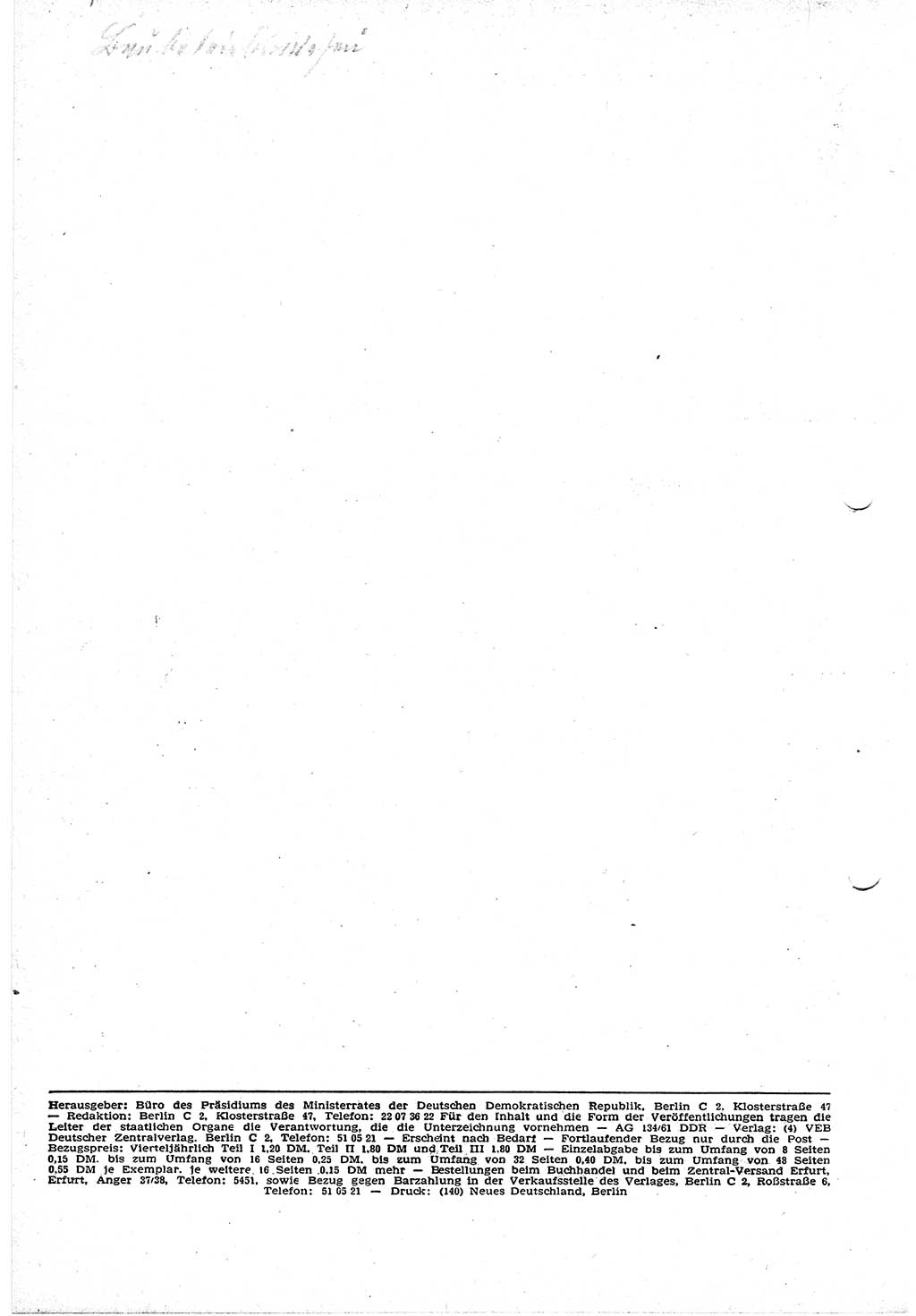Gesetzblatt (GBl.) der Deutschen Demokratischen Republik (DDR) Teil Ⅰ 1961, Seite 122 (GBl. DDR Ⅰ 1961, S. 122)