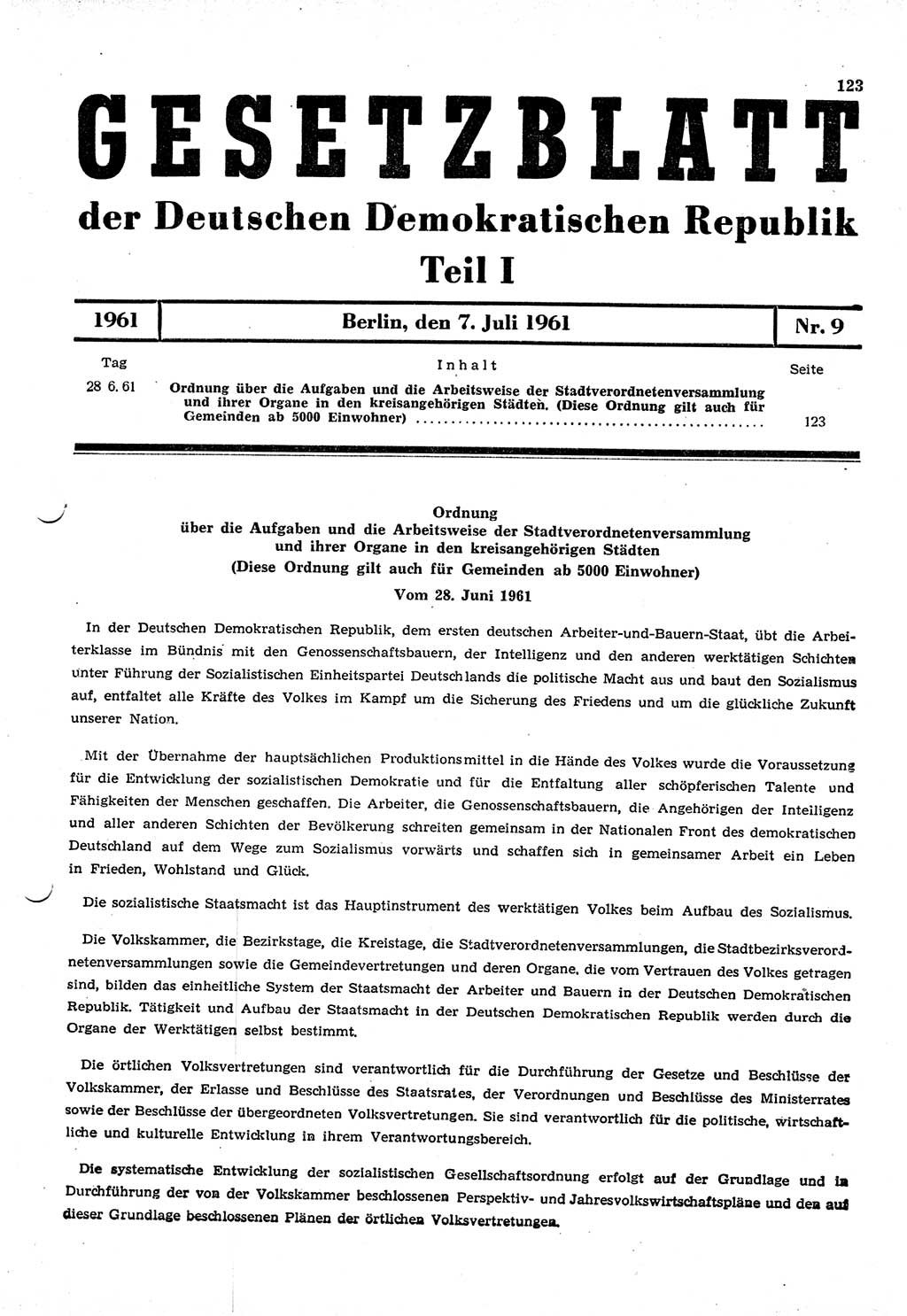 Gesetzblatt (GBl.) der Deutschen Demokratischen Republik (DDR) Teil Ⅰ 1961, Seite 123 (GBl. DDR Ⅰ 1961, S. 123)