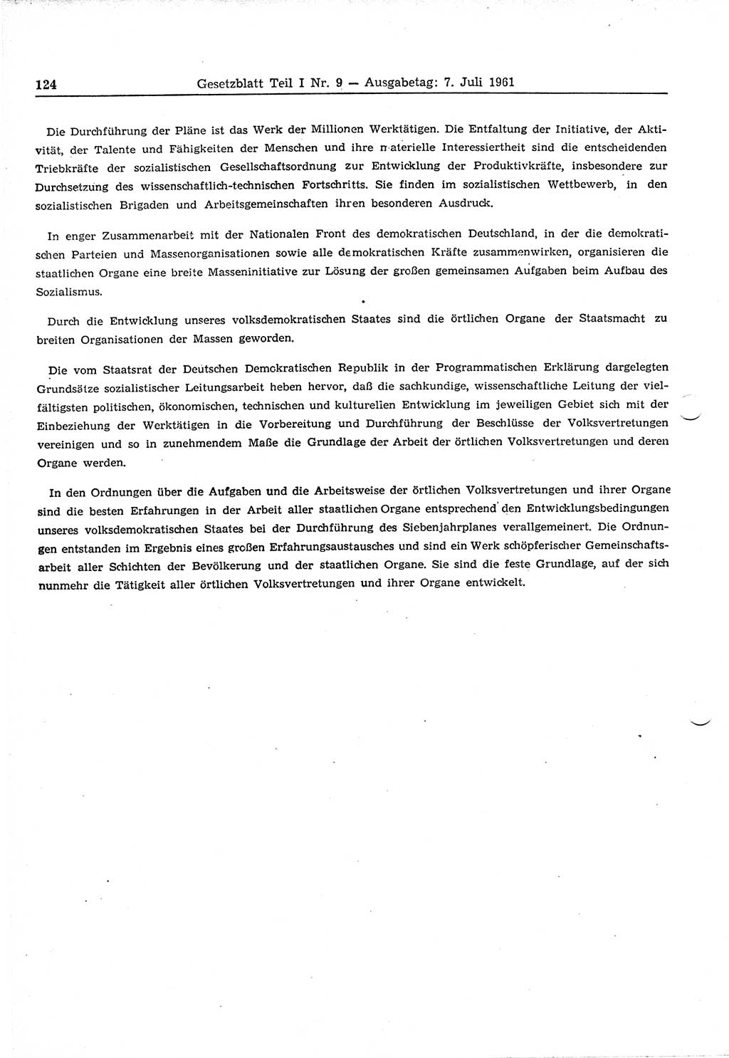 Gesetzblatt (GBl.) der Deutschen Demokratischen Republik (DDR) Teil Ⅰ 1961, Seite 124 (GBl. DDR Ⅰ 1961, S. 124)