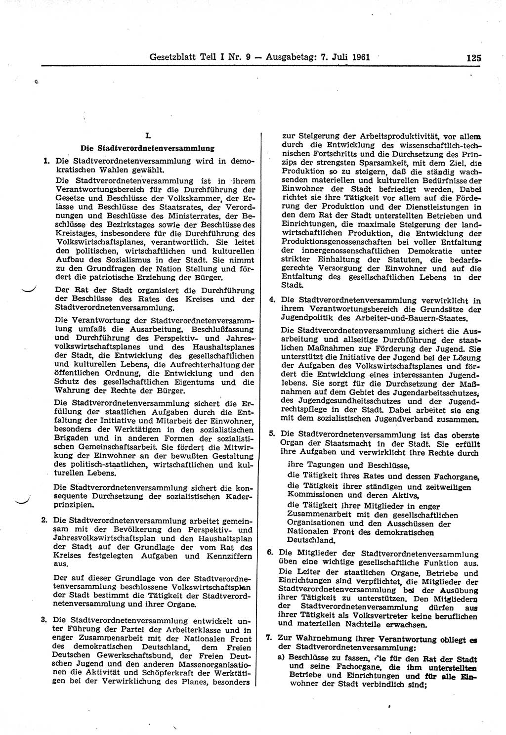 Gesetzblatt (GBl.) der Deutschen Demokratischen Republik (DDR) Teil Ⅰ 1961, Seite 125 (GBl. DDR Ⅰ 1961, S. 125)