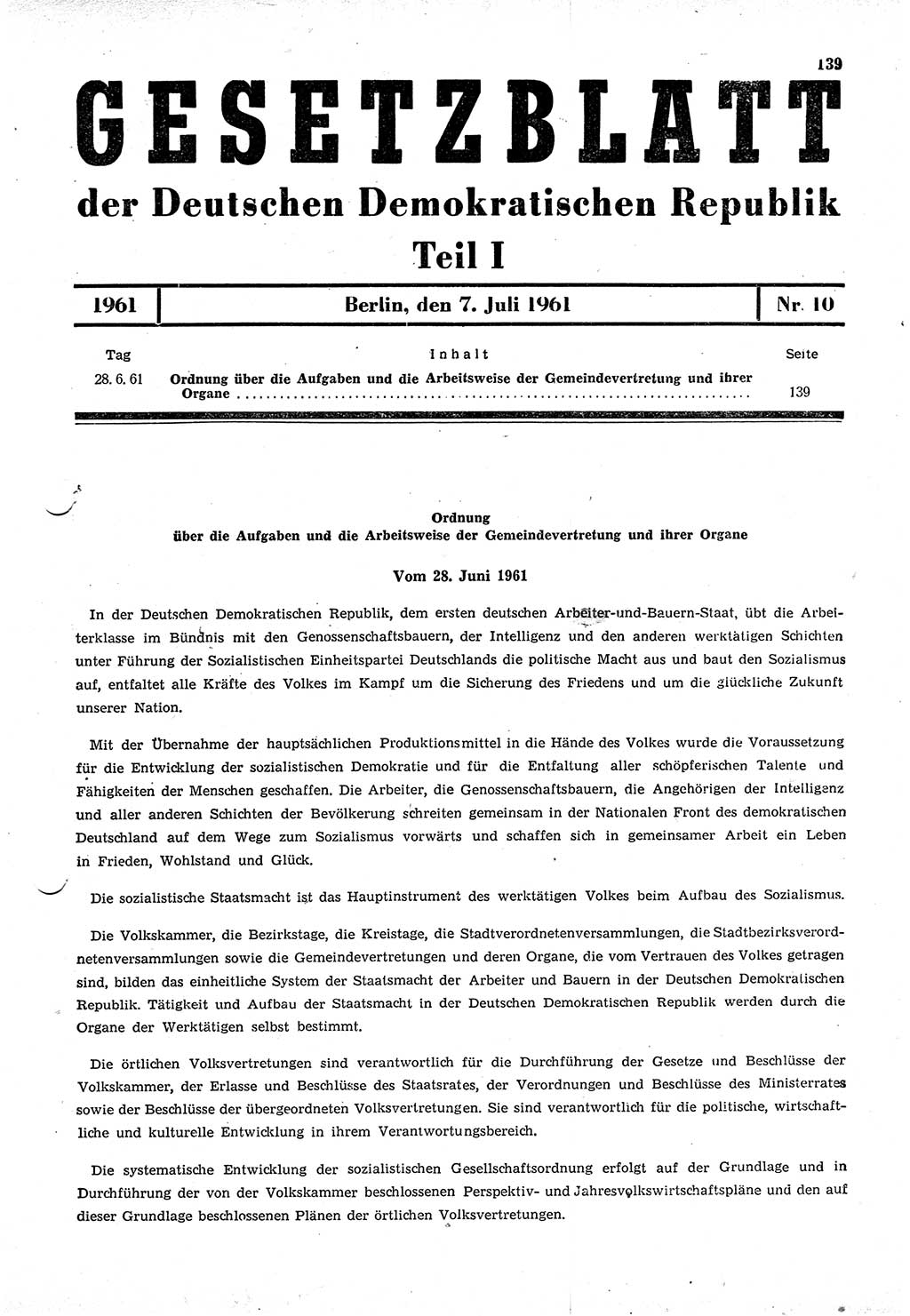 Gesetzblatt (GBl.) der Deutschen Demokratischen Republik (DDR) Teil Ⅰ 1961, Seite 139 (GBl. DDR Ⅰ 1961, S. 139)