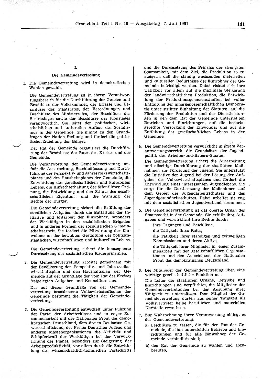 Gesetzblatt (GBl.) der Deutschen Demokratischen Republik (DDR) Teil Ⅰ 1961, Seite 141 (GBl. DDR Ⅰ 1961, S. 141)