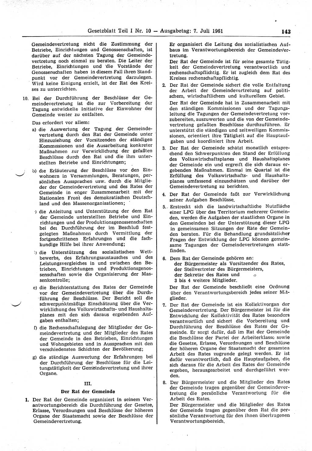 Gesetzblatt (GBl.) der Deutschen Demokratischen Republik (DDR) Teil Ⅰ 1961, Seite 143 (GBl. DDR Ⅰ 1961, S. 143)