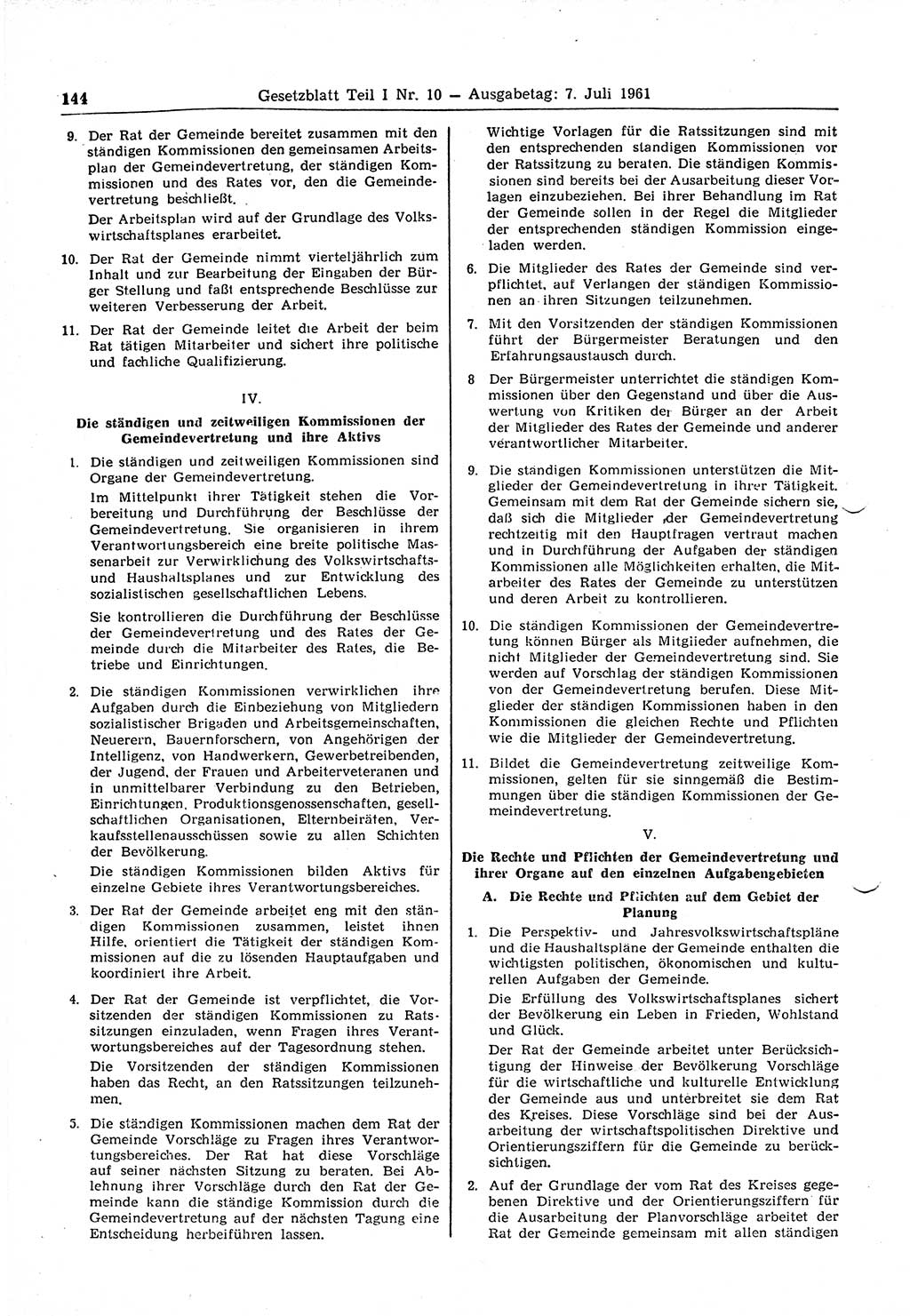 Gesetzblatt (GBl.) der Deutschen Demokratischen Republik (DDR) Teil Ⅰ 1961, Seite 144 (GBl. DDR Ⅰ 1961, S. 144)