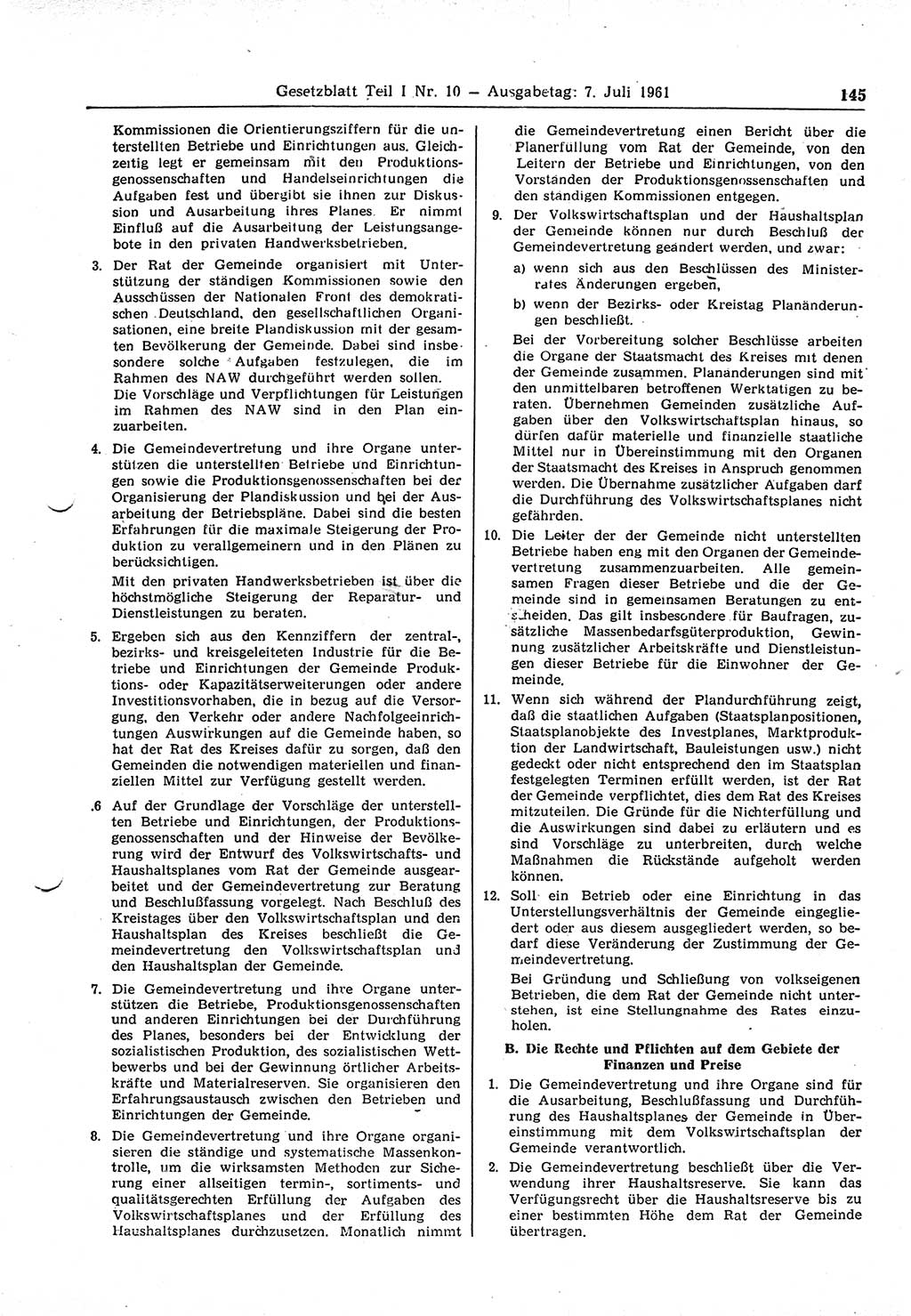 Gesetzblatt (GBl.) der Deutschen Demokratischen Republik (DDR) Teil Ⅰ 1961, Seite 145 (GBl. DDR Ⅰ 1961, S. 145)