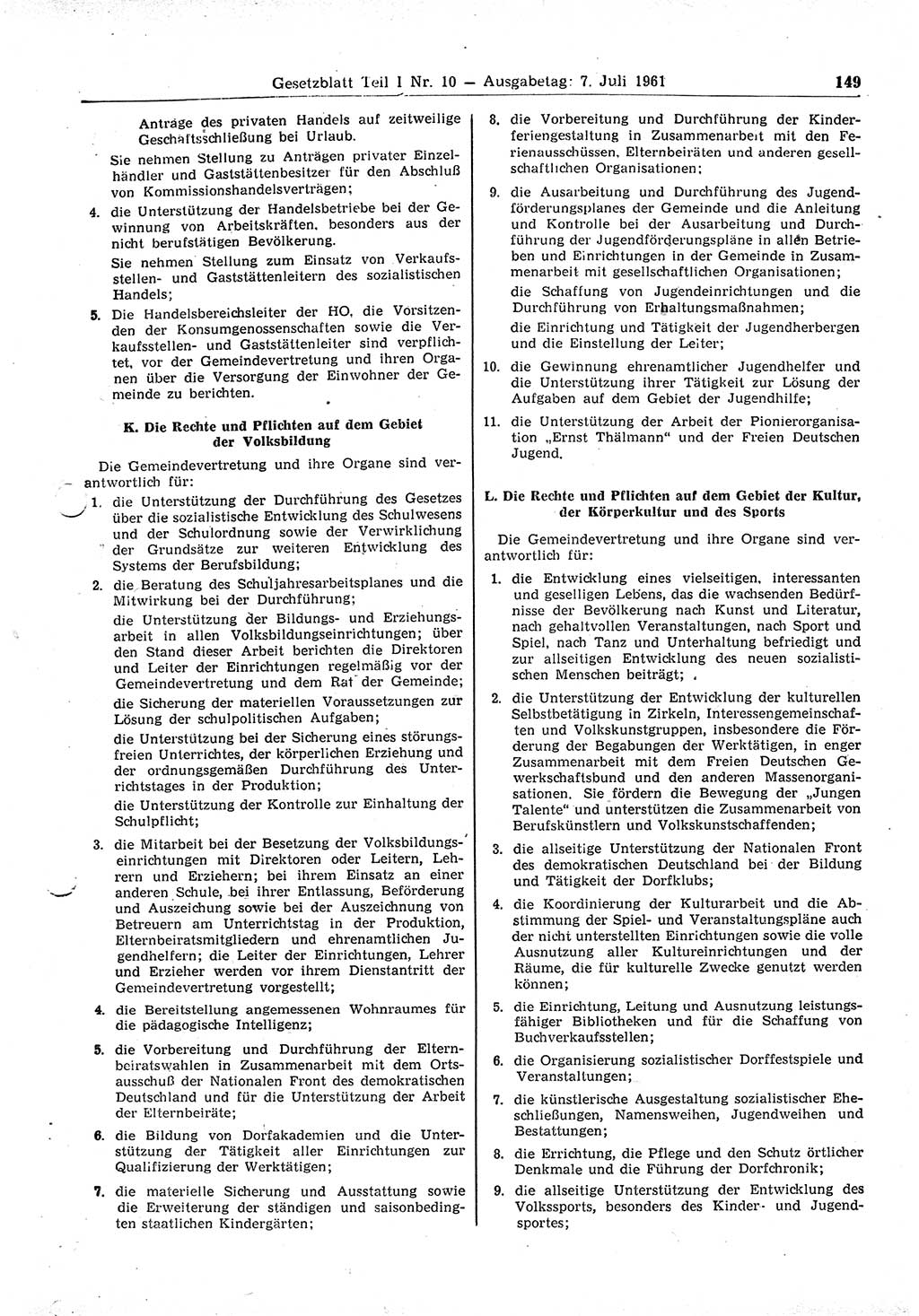 Gesetzblatt (GBl.) der Deutschen Demokratischen Republik (DDR) Teil Ⅰ 1961, Seite 149 (GBl. DDR Ⅰ 1961, S. 149)