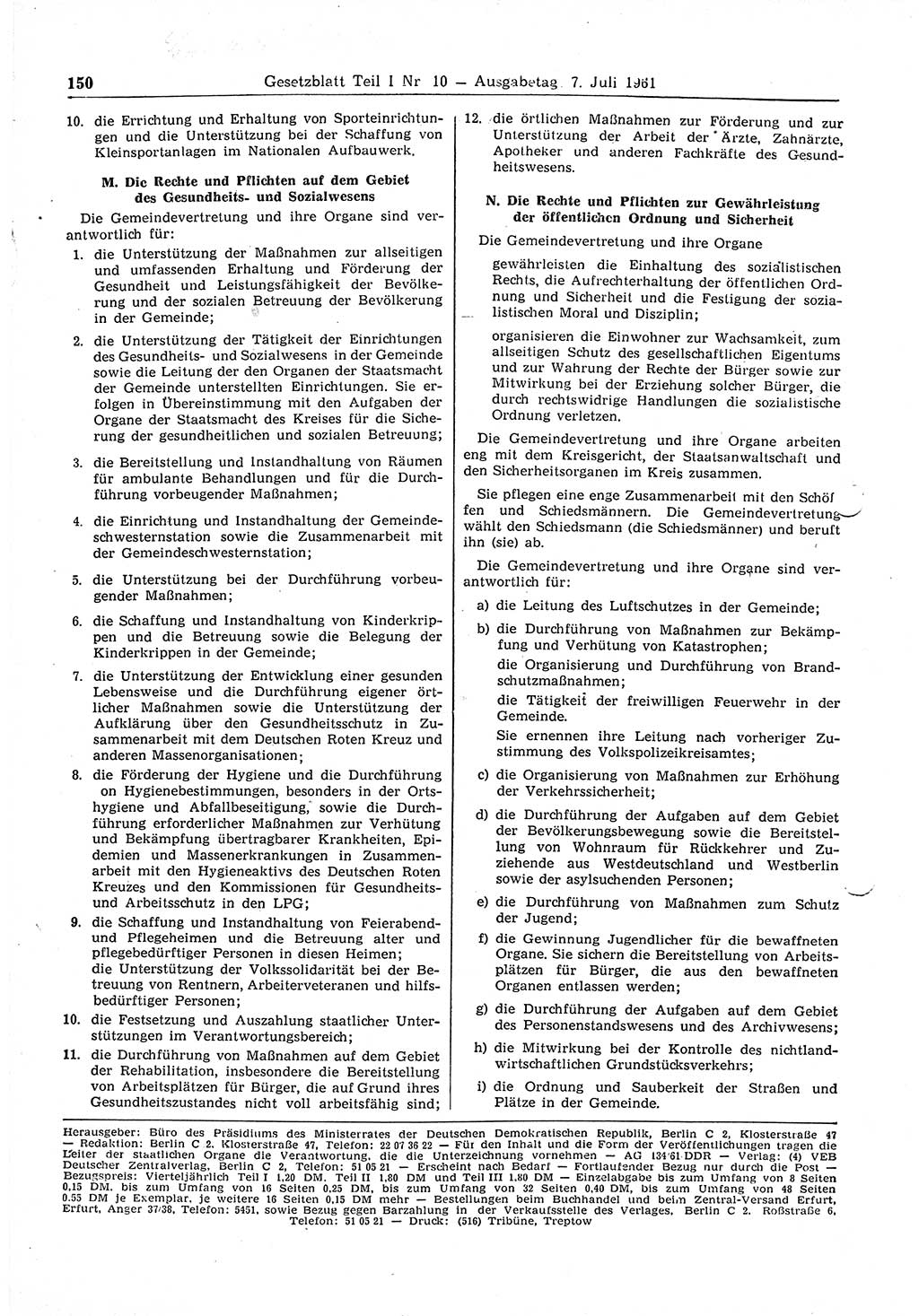 Gesetzblatt (GBl.) der Deutschen Demokratischen Republik (DDR) Teil Ⅰ 1961, Seite 150 (GBl. DDR Ⅰ 1961, S. 150)
