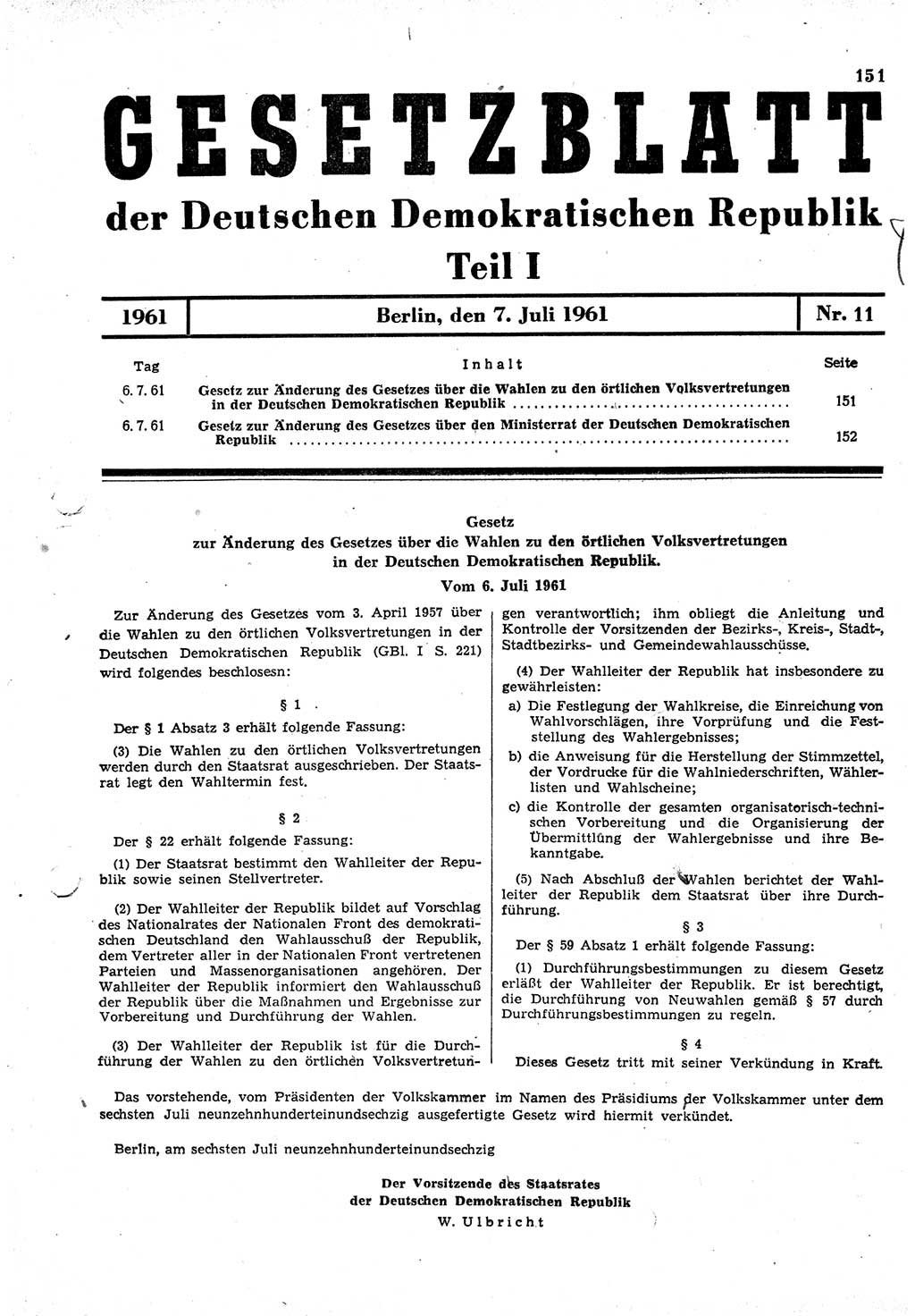 Gesetzblatt (GBl.) der Deutschen Demokratischen Republik (DDR) Teil Ⅰ 1961, Seite 151 (GBl. DDR Ⅰ 1961, S. 151)