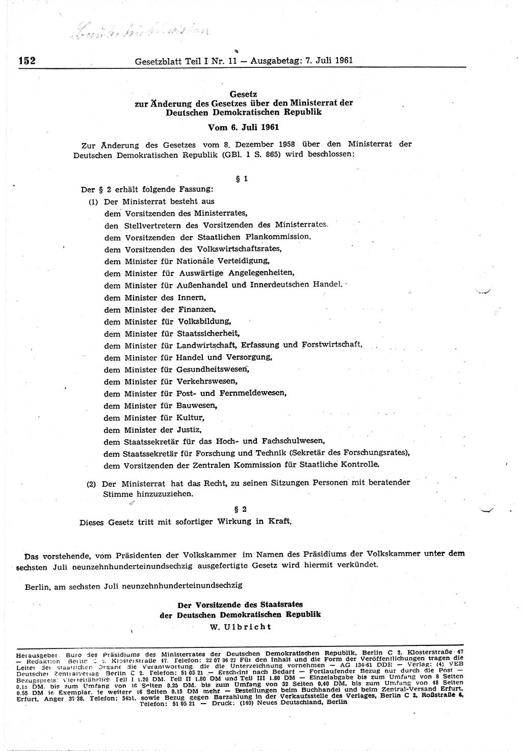 Gesetzblatt (GBl.) der Deutschen Demokratischen Republik (DDR) Teil Ⅰ 1961, Seite 152 (GBl. DDR Ⅰ 1961, S. 152)