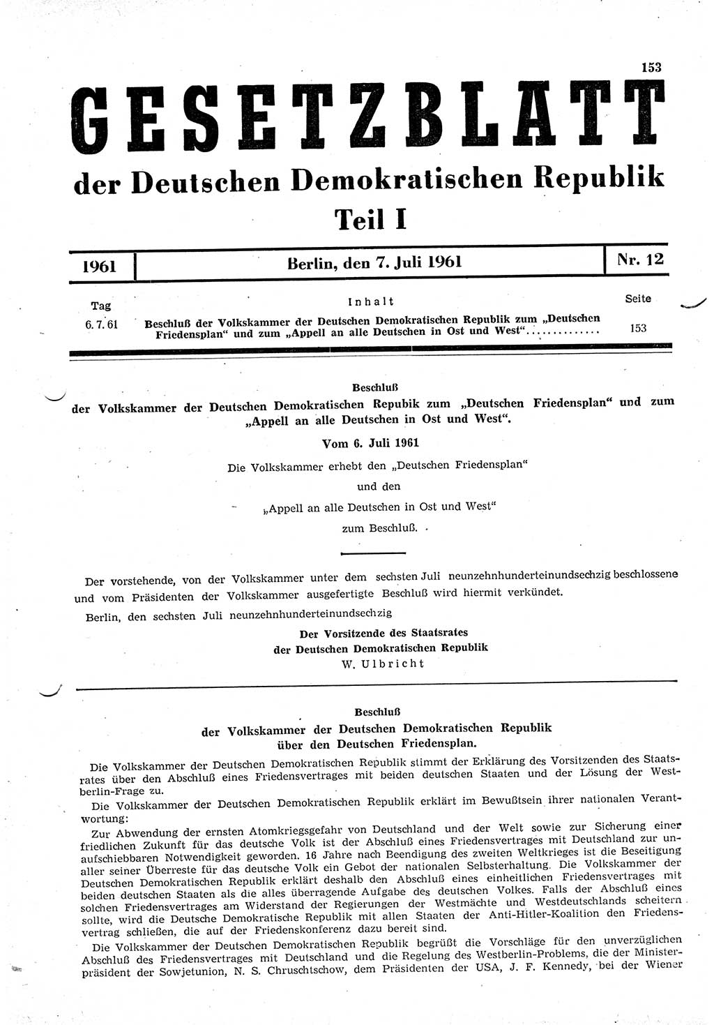 Gesetzblatt (GBl.) der Deutschen Demokratischen Republik (DDR) Teil Ⅰ 1961, Seite 153 (GBl. DDR Ⅰ 1961, S. 153)