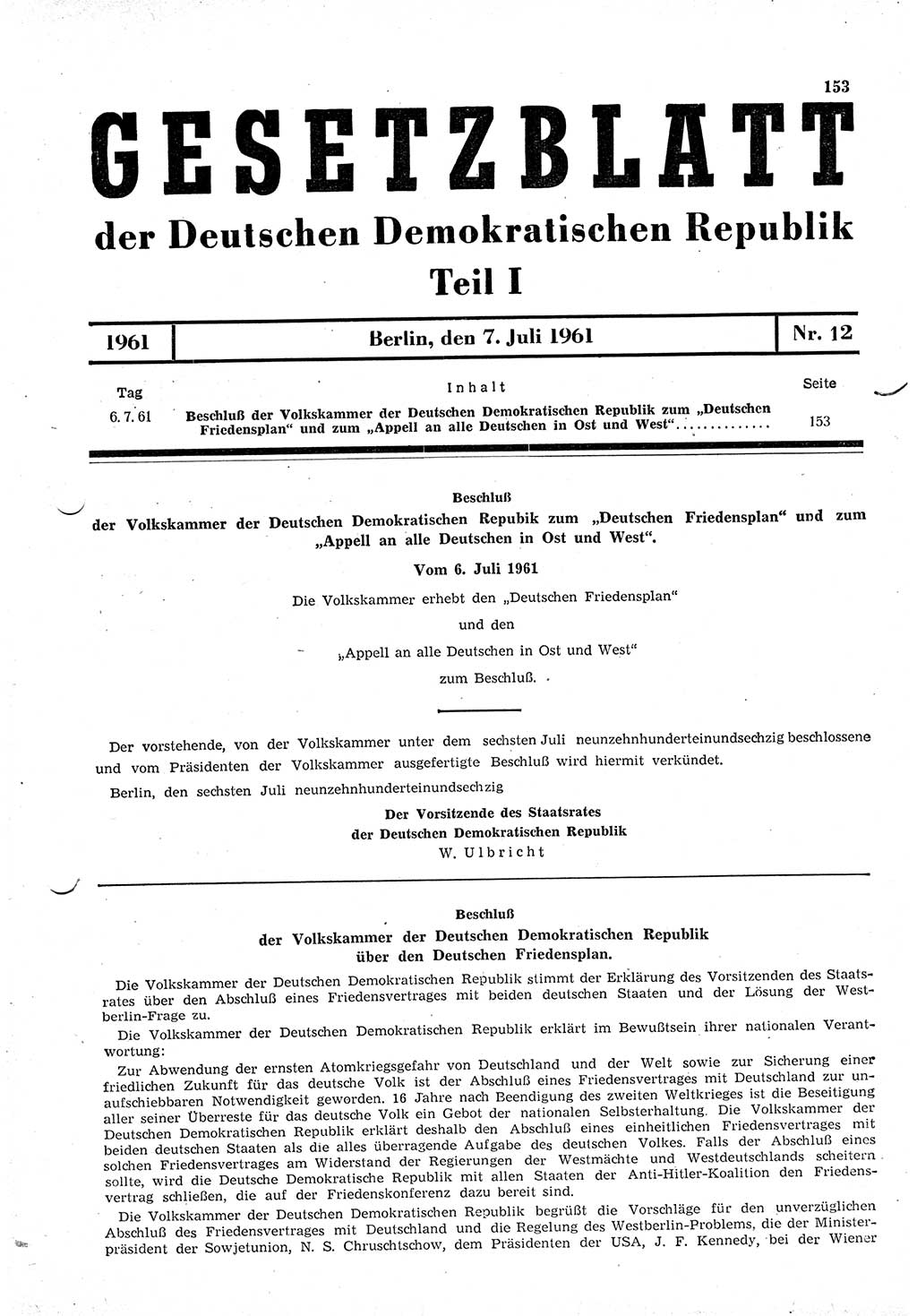 Gesetzblatt (GBl.) der Deutschen Demokratischen Republik (DDR) Teil Ⅰ 1961, Seite 153 (GBl. DDR Ⅰ 1961, S. 153)