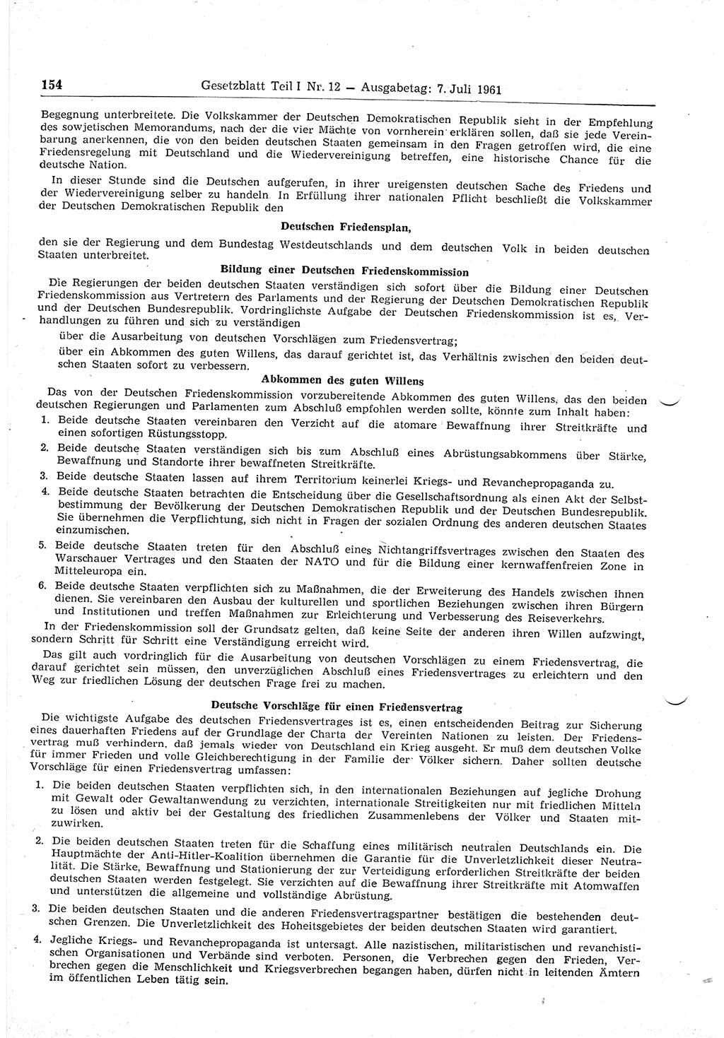 Gesetzblatt (GBl.) der Deutschen Demokratischen Republik (DDR) Teil Ⅰ 1961, Seite 154 (GBl. DDR Ⅰ 1961, S. 154)