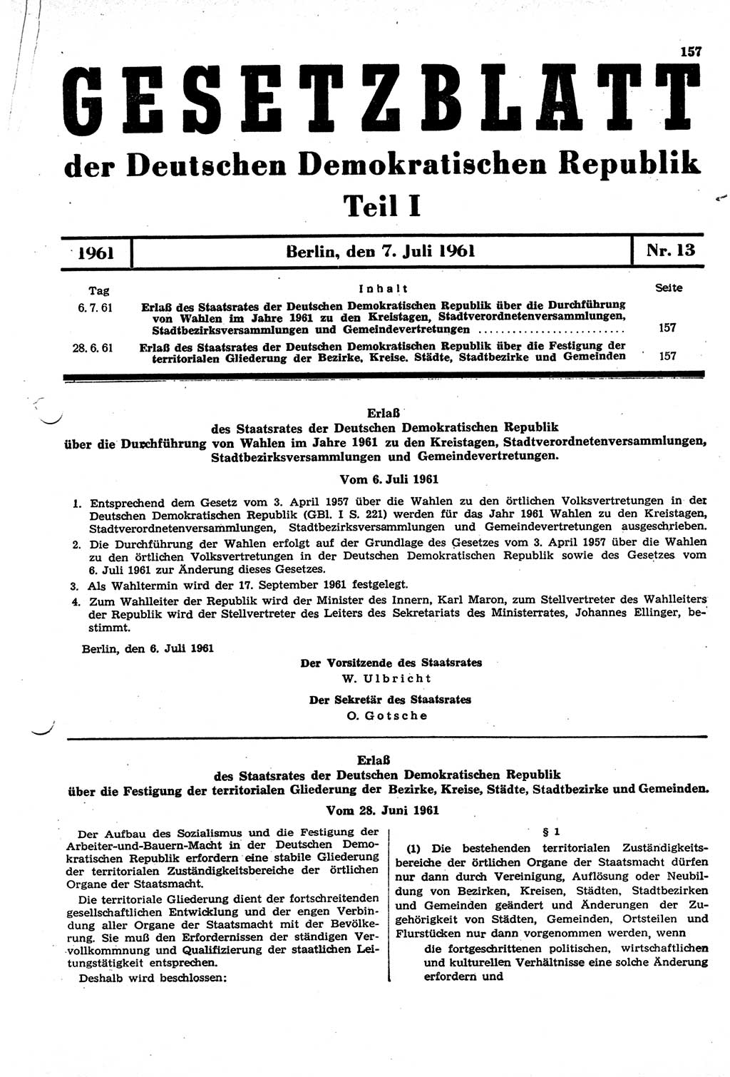 Gesetzblatt (GBl.) der Deutschen Demokratischen Republik (DDR) Teil Ⅰ 1961, Seite 157 (GBl. DDR Ⅰ 1961, S. 157)