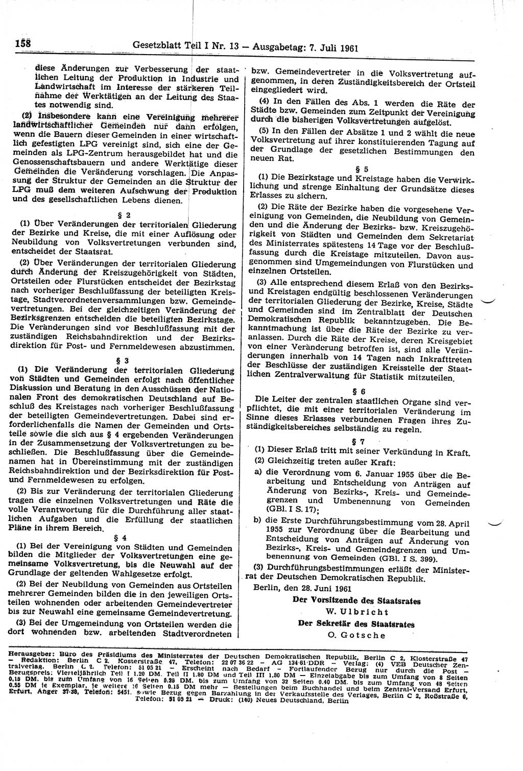Gesetzblatt (GBl.) der Deutschen Demokratischen Republik (DDR) Teil Ⅰ 1961, Seite 158 (GBl. DDR Ⅰ 1961, S. 158)