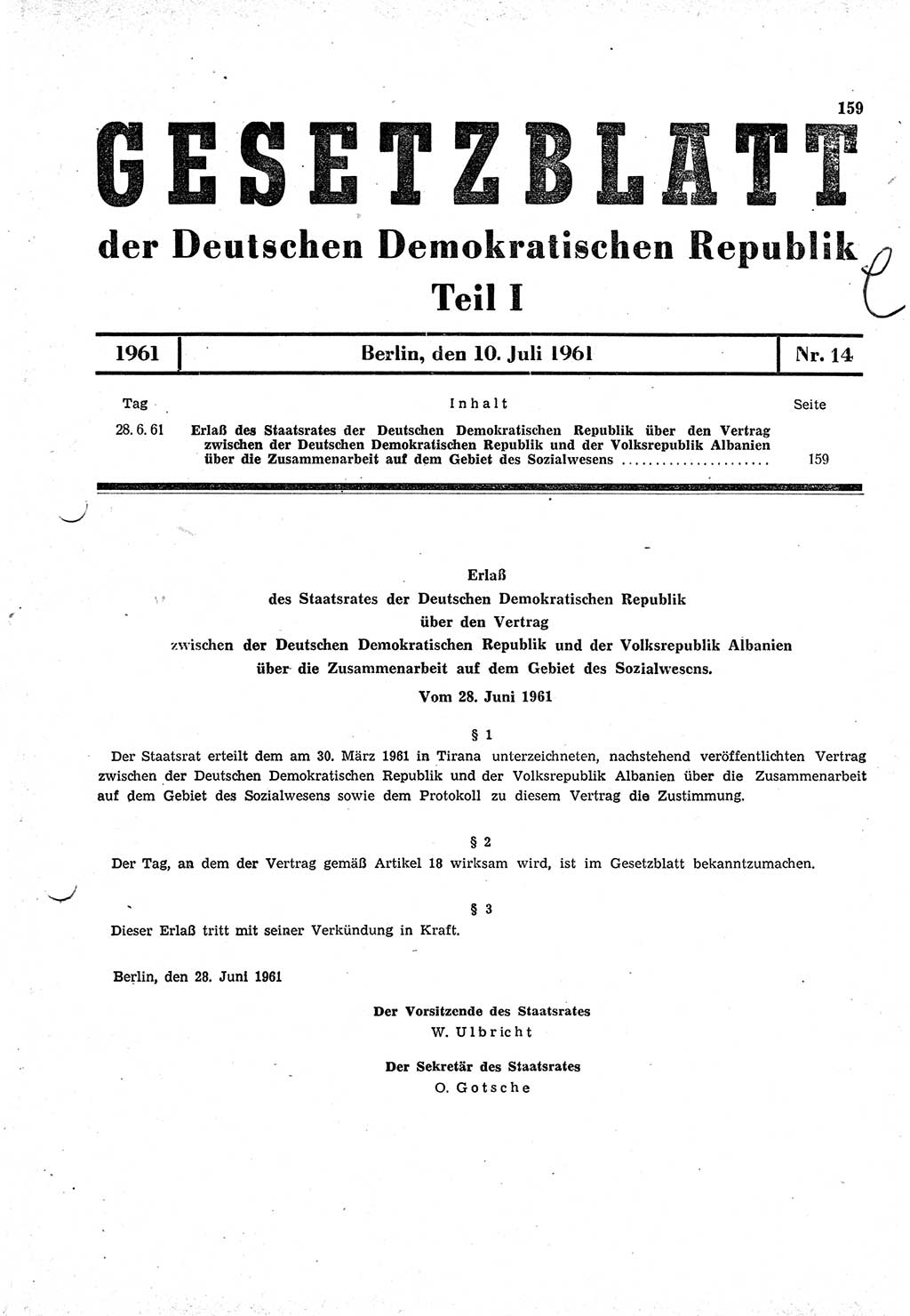 Gesetzblatt (GBl.) der Deutschen Demokratischen Republik (DDR) Teil Ⅰ 1961, Seite 159 (GBl. DDR Ⅰ 1961, S. 159)