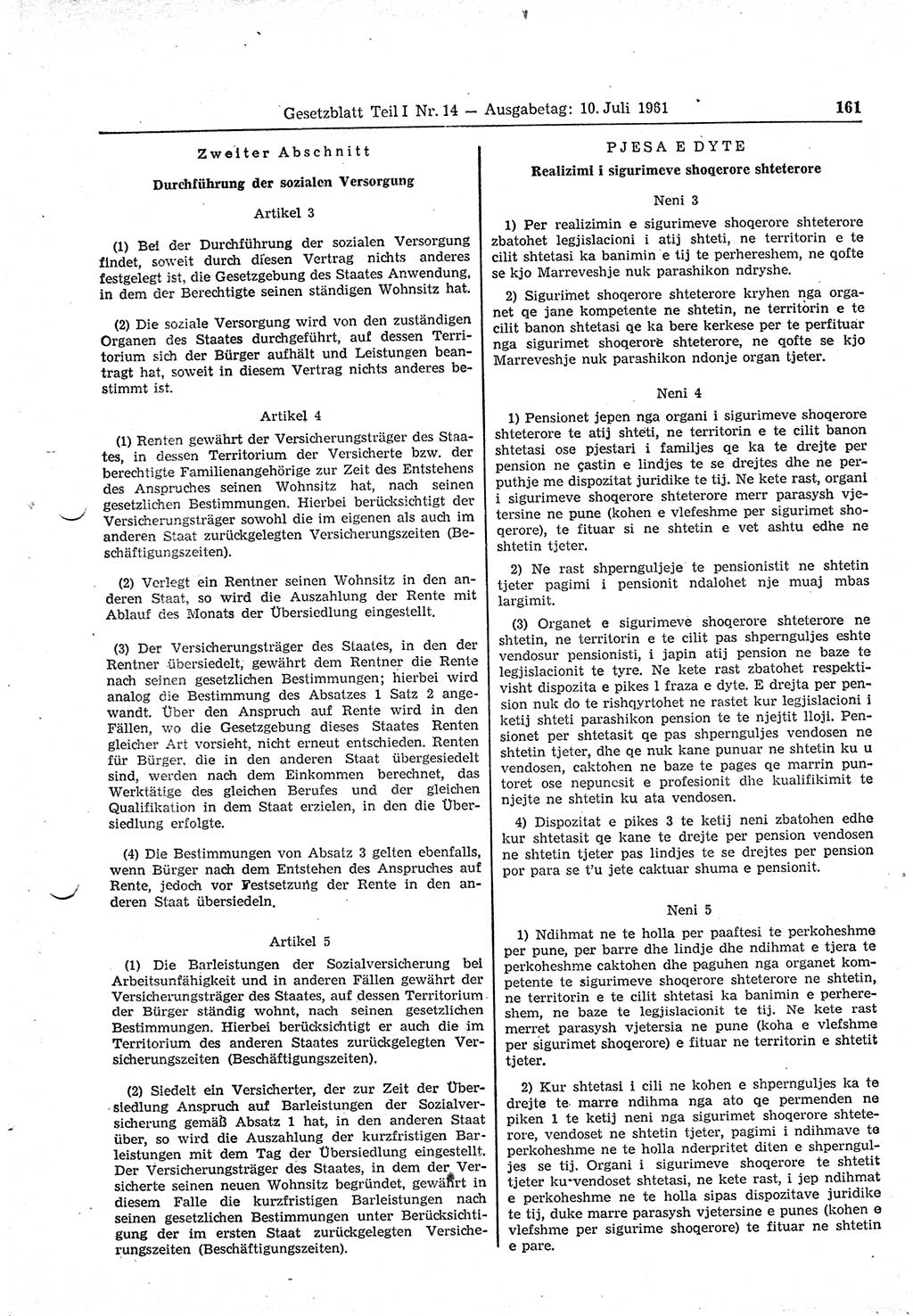 Gesetzblatt (GBl.) der Deutschen Demokratischen Republik (DDR) Teil Ⅰ 1961, Seite 161 (GBl. DDR Ⅰ 1961, S. 161)
