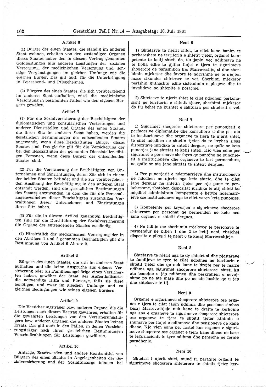 Gesetzblatt (GBl.) der Deutschen Demokratischen Republik (DDR) Teil Ⅰ 1961, Seite 162 (GBl. DDR Ⅰ 1961, S. 162)