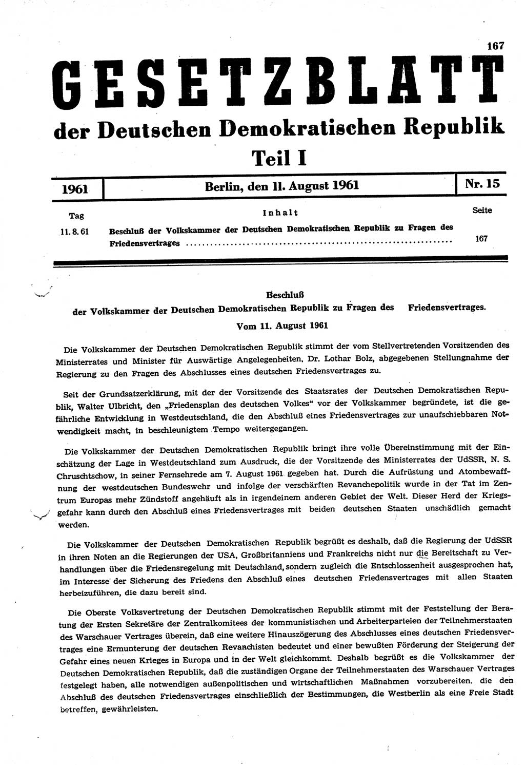 Gesetzblatt (GBl.) der Deutschen Demokratischen Republik (DDR) Teil Ⅰ 1961, Seite 167 (GBl. DDR Ⅰ 1961, S. 167)