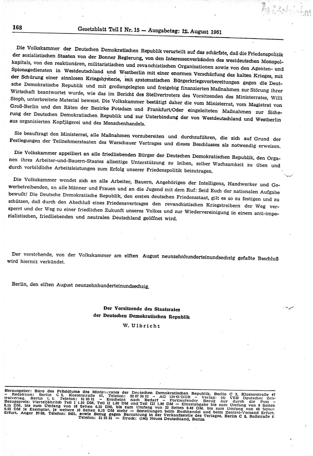 Gesetzblatt (GBl.) der Deutschen Demokratischen Republik (DDR) Teil Ⅰ 1961, Seite 168 (GBl. DDR Ⅰ 1961, S. 168)