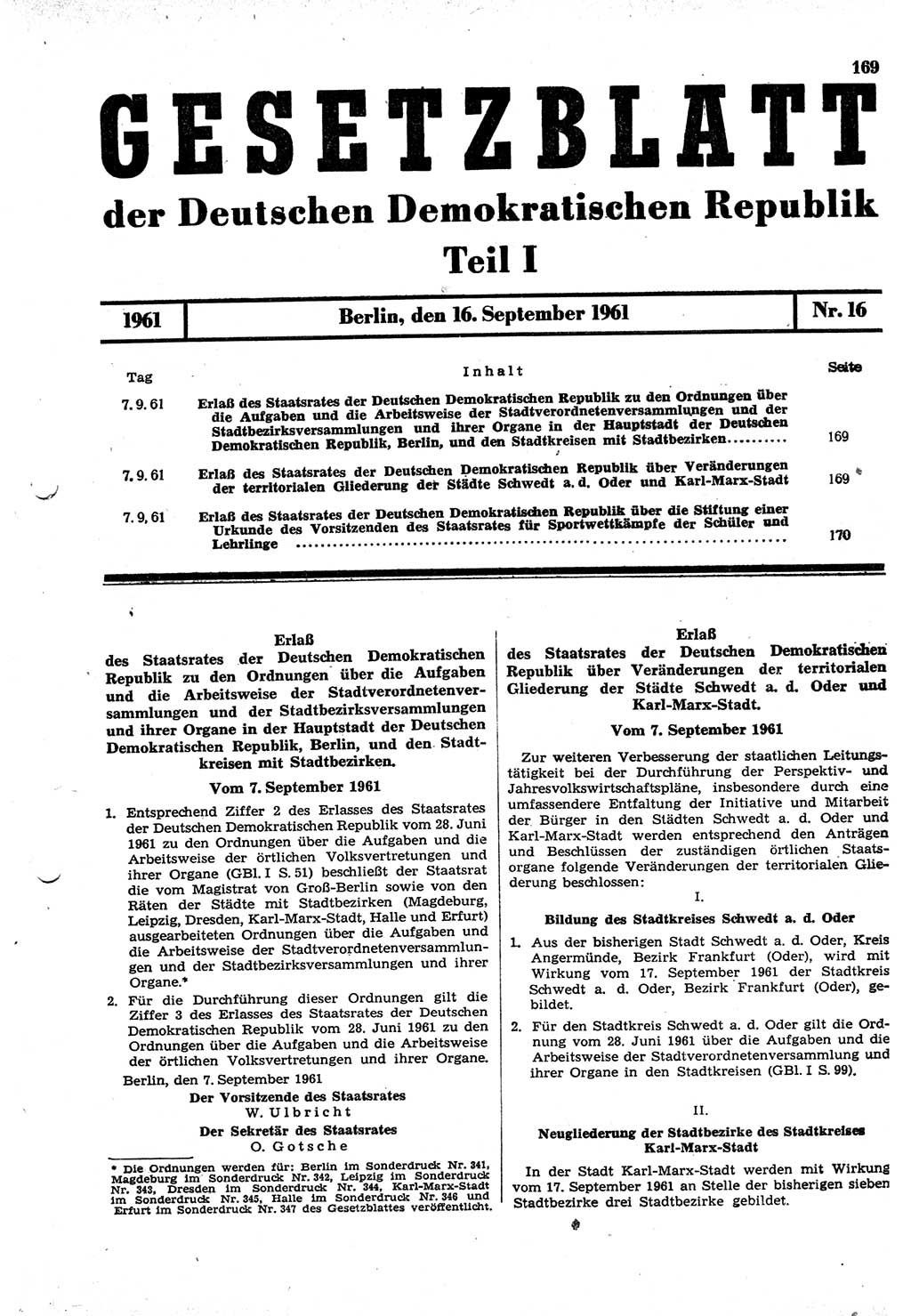 Gesetzblatt (GBl.) der Deutschen Demokratischen Republik (DDR) Teil Ⅰ 1961, Seite 169 (GBl. DDR Ⅰ 1961, S. 169)