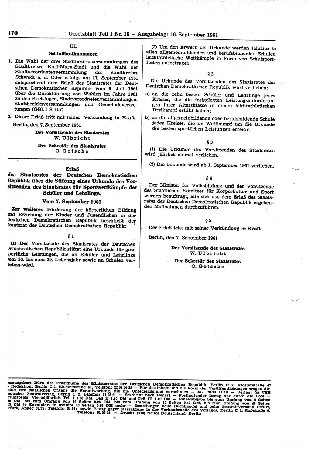 Gesetzblatt (GBl.) der Deutschen Demokratischen Republik (DDR) Teil Ⅰ 1961, Seite 170 (GBl. DDR Ⅰ 1961, S. 170)