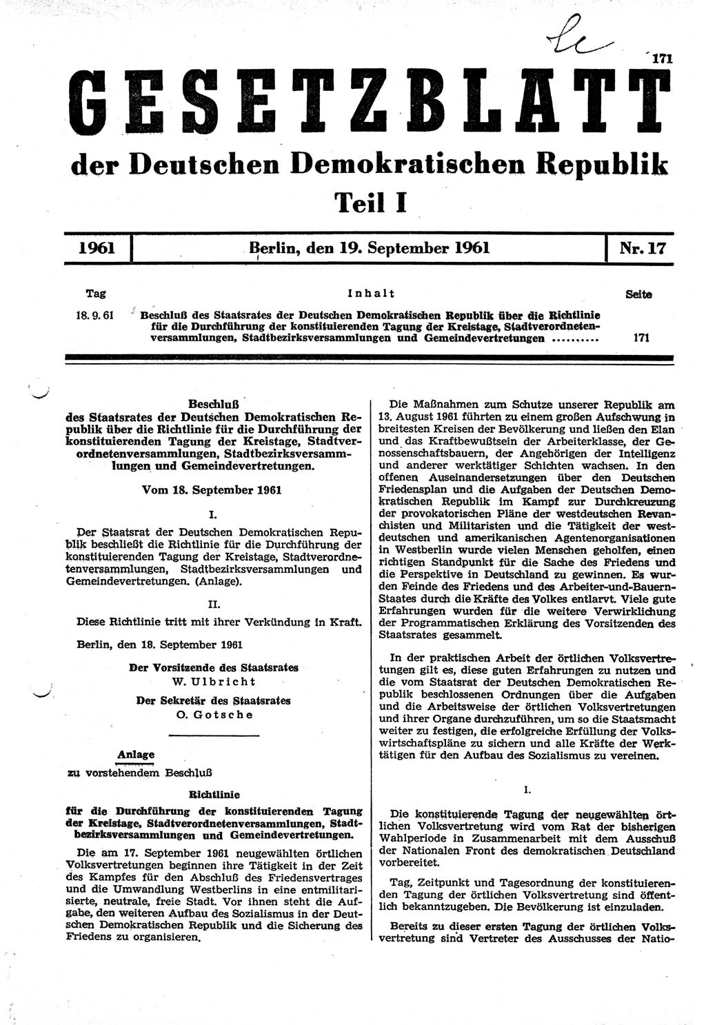 Gesetzblatt (GBl.) der Deutschen Demokratischen Republik (DDR) Teil Ⅰ 1961, Seite 171 (GBl. DDR Ⅰ 1961, S. 171)