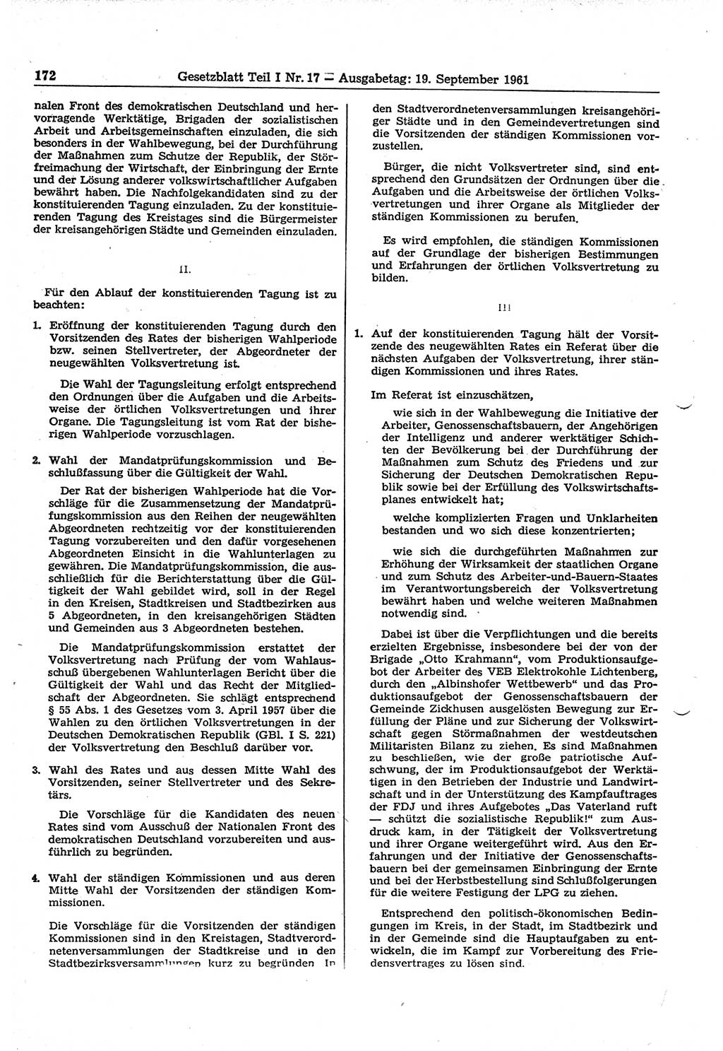 Gesetzblatt (GBl.) der Deutschen Demokratischen Republik (DDR) Teil Ⅰ 1961, Seite 172 (GBl. DDR Ⅰ 1961, S. 172)