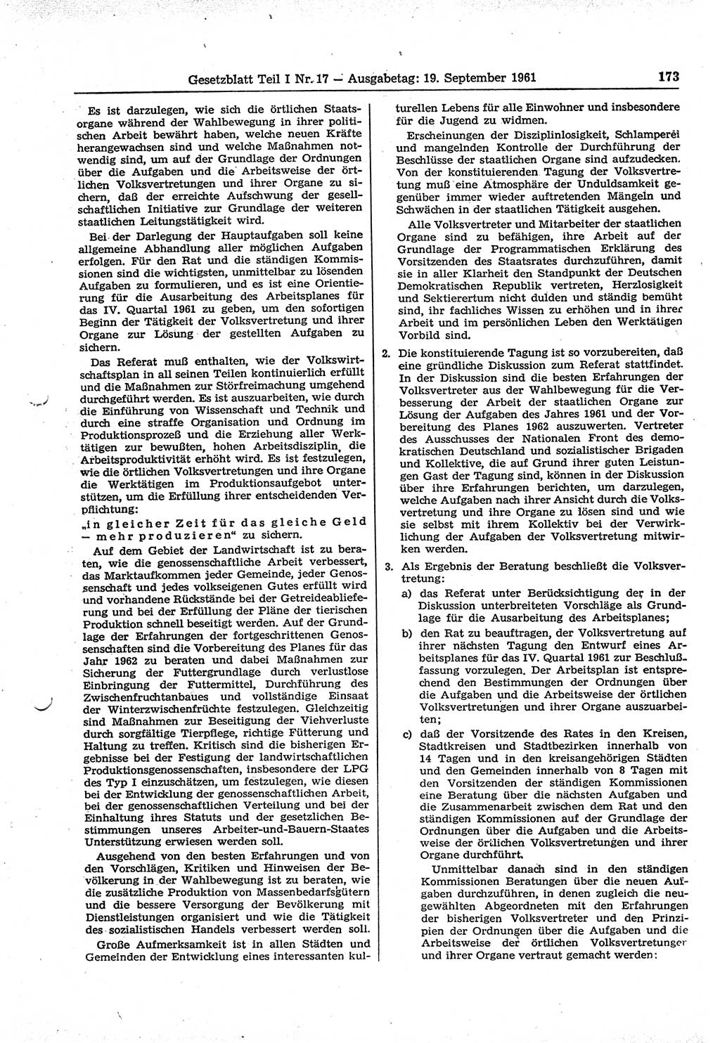 Gesetzblatt (GBl.) der Deutschen Demokratischen Republik (DDR) Teil Ⅰ 1961, Seite 173 (GBl. DDR Ⅰ 1961, S. 173)