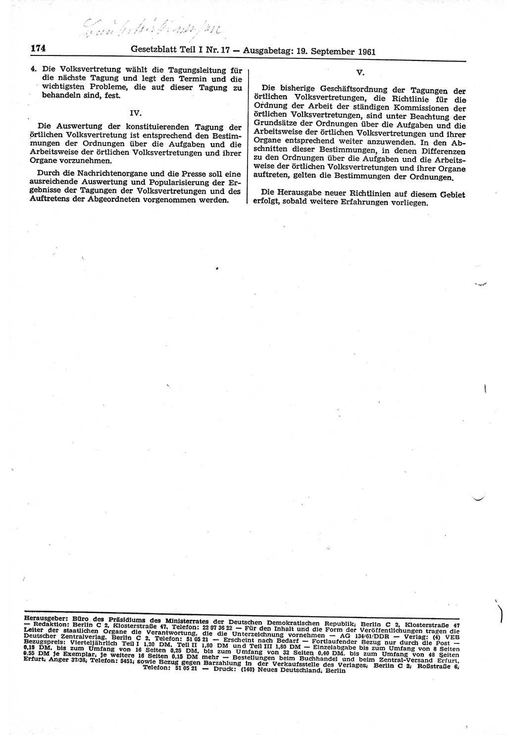 Gesetzblatt (GBl.) der Deutschen Demokratischen Republik (DDR) Teil Ⅰ 1961, Seite 174 (GBl. DDR Ⅰ 1961, S. 174)