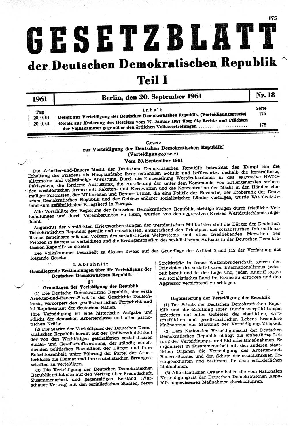 Gesetzblatt (GBl.) der Deutschen Demokratischen Republik (DDR) Teil Ⅰ 1961, Seite 175 (GBl. DDR Ⅰ 1961, S. 175)