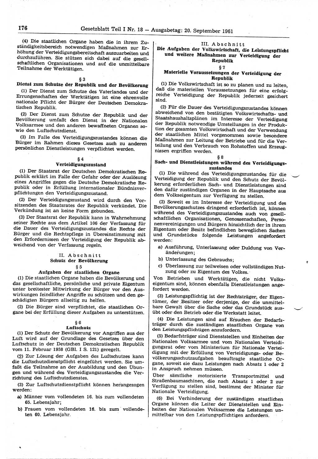 Gesetzblatt (GBl.) der Deutschen Demokratischen Republik (DDR) Teil Ⅰ 1961, Seite 176 (GBl. DDR Ⅰ 1961, S. 176)