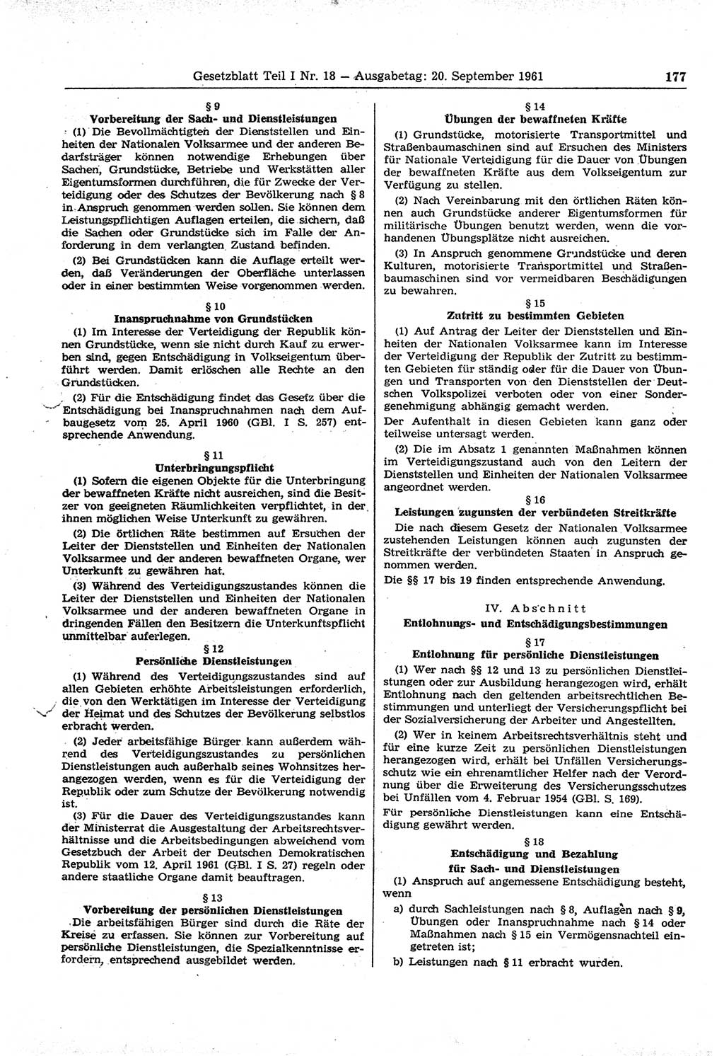 Gesetzblatt (GBl.) der Deutschen Demokratischen Republik (DDR) Teil Ⅰ 1961, Seite 177 (GBl. DDR Ⅰ 1961, S. 177)