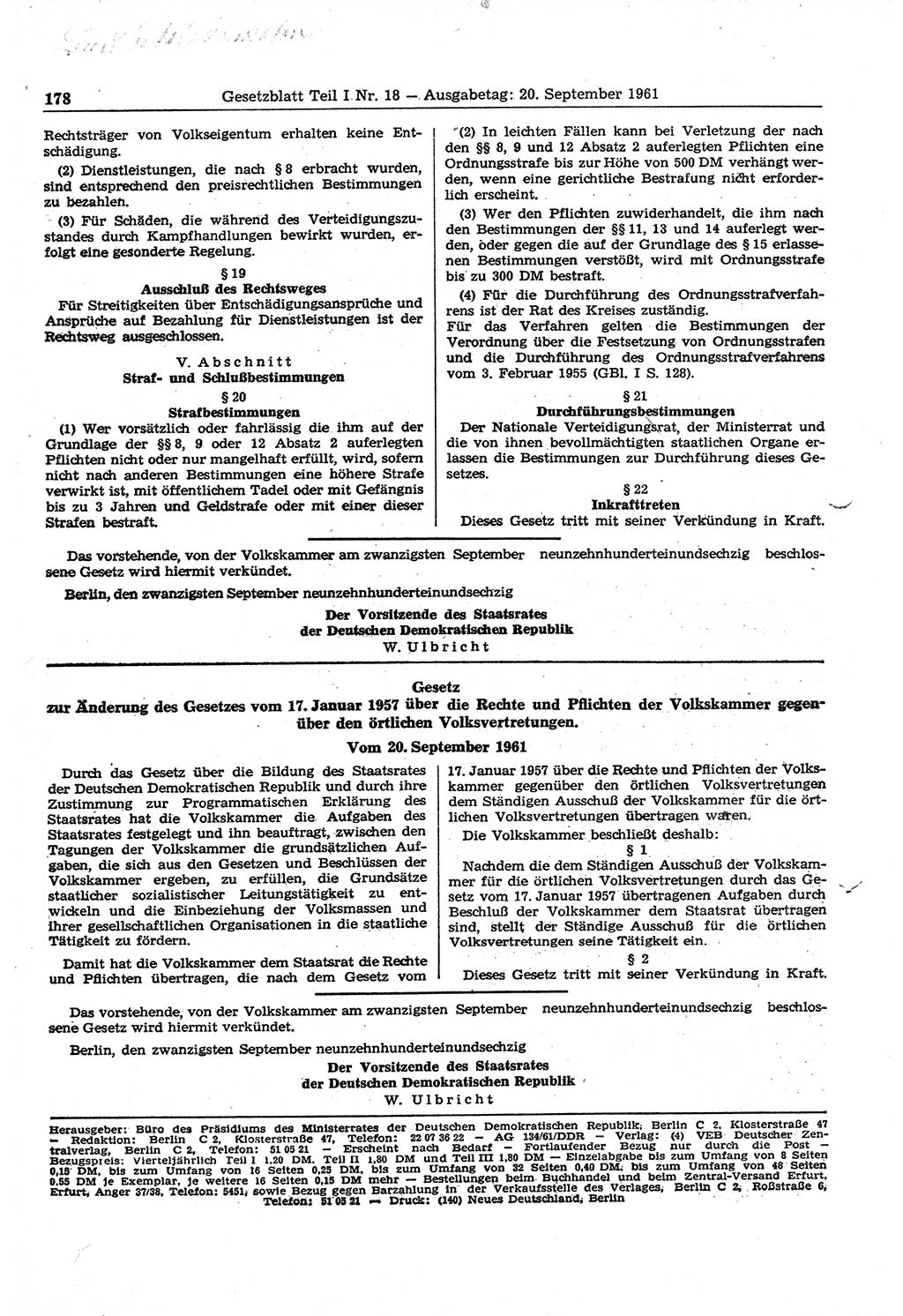 Gesetzblatt (GBl.) der Deutschen Demokratischen Republik (DDR) Teil Ⅰ 1961, Seite 178 (GBl. DDR Ⅰ 1961, S. 178)