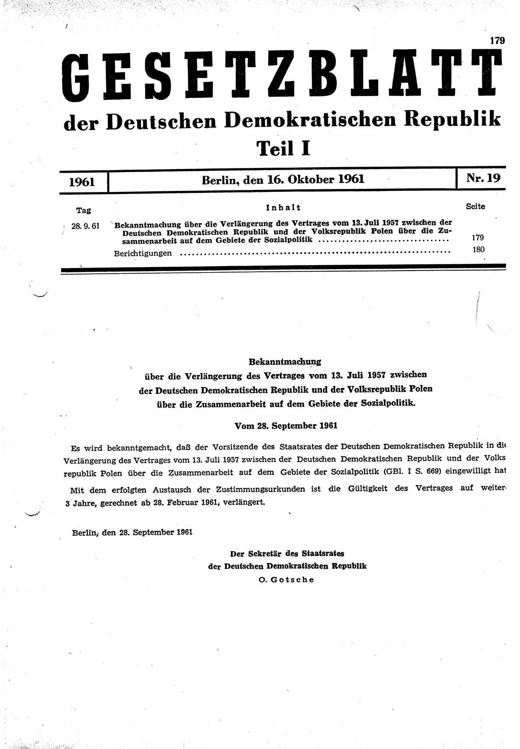Gesetzblatt (GBl.) der Deutschen Demokratischen Republik (DDR) Teil Ⅰ 1961, Seite 179 (GBl. DDR Ⅰ 1961, S. 179)