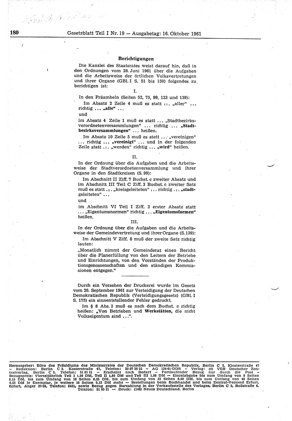Gesetzblatt (GBl.) der Deutschen Demokratischen Republik (DDR) Teil Ⅰ 1961, Seite 180 (GBl. DDR Ⅰ 1961, S. 180)