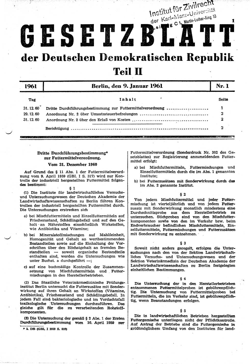 Gesetzblatt (GBl.) der Deutschen Demokratischen Republik (DDR) Teil ⅠⅠ 1961, Seite 1 (GBl. DDR ⅠⅠ 1961, S. 1)