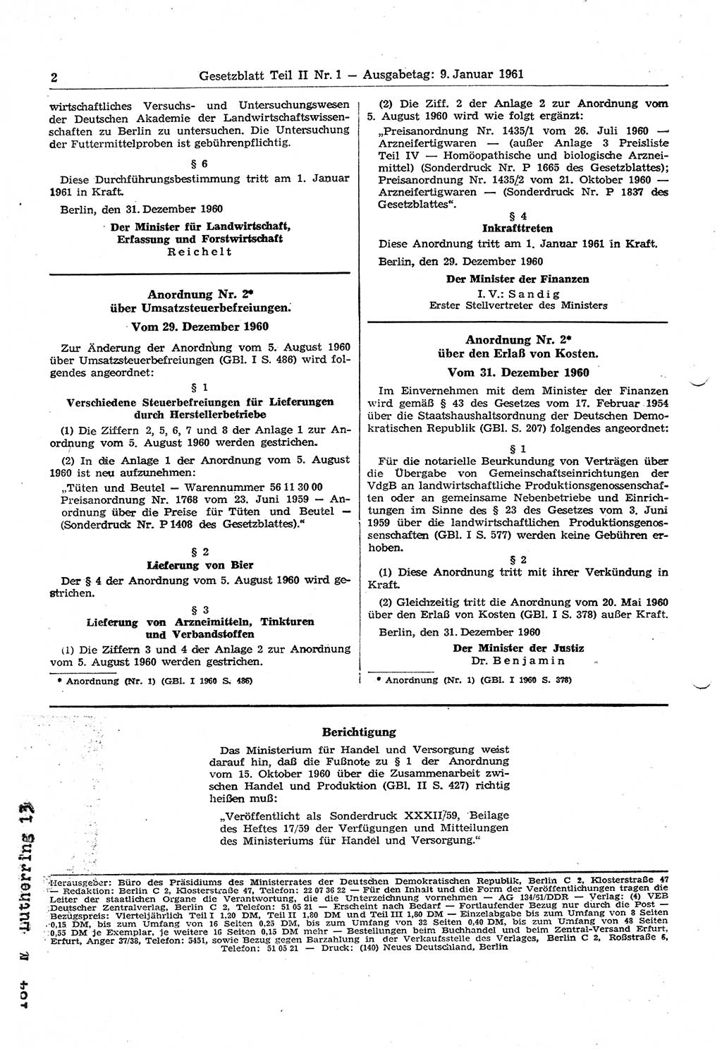 Gesetzblatt (GBl.) der Deutschen Demokratischen Republik (DDR) Teil ⅠⅠ 1961, Seite 2 (GBl. DDR ⅠⅠ 1961, S. 2)
