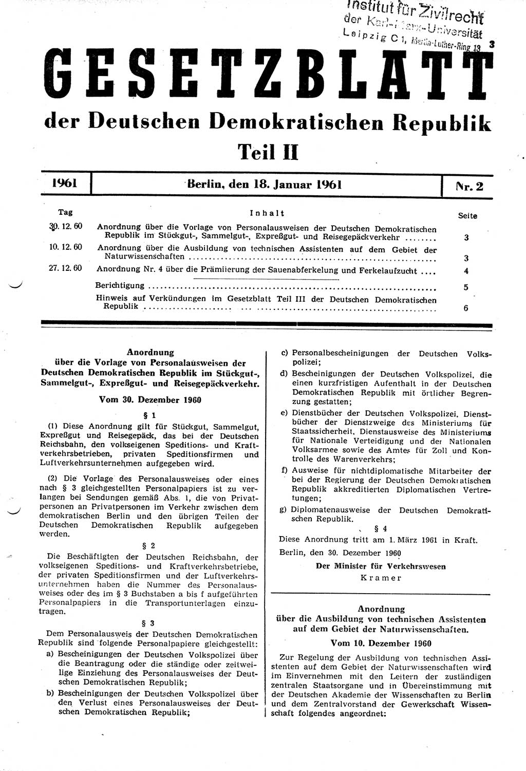 Gesetzblatt (GBl.) der Deutschen Demokratischen Republik (DDR) Teil ⅠⅠ 1961, Seite 3 (GBl. DDR ⅠⅠ 1961, S. 3)