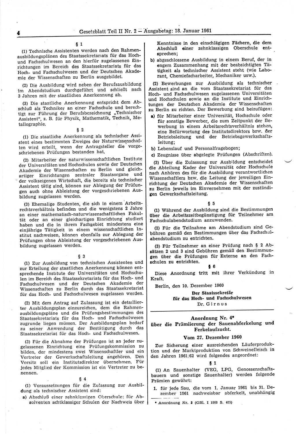 Gesetzblatt (GBl.) der Deutschen Demokratischen Republik (DDR) Teil ⅠⅠ 1961, Seite 4 (GBl. DDR ⅠⅠ 1961, S. 4)