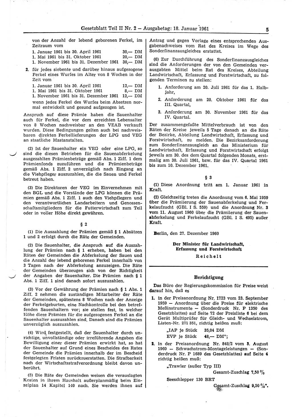 Gesetzblatt (GBl.) der Deutschen Demokratischen Republik (DDR) Teil ⅠⅠ 1961, Seite 5 (GBl. DDR ⅠⅠ 1961, S. 5)