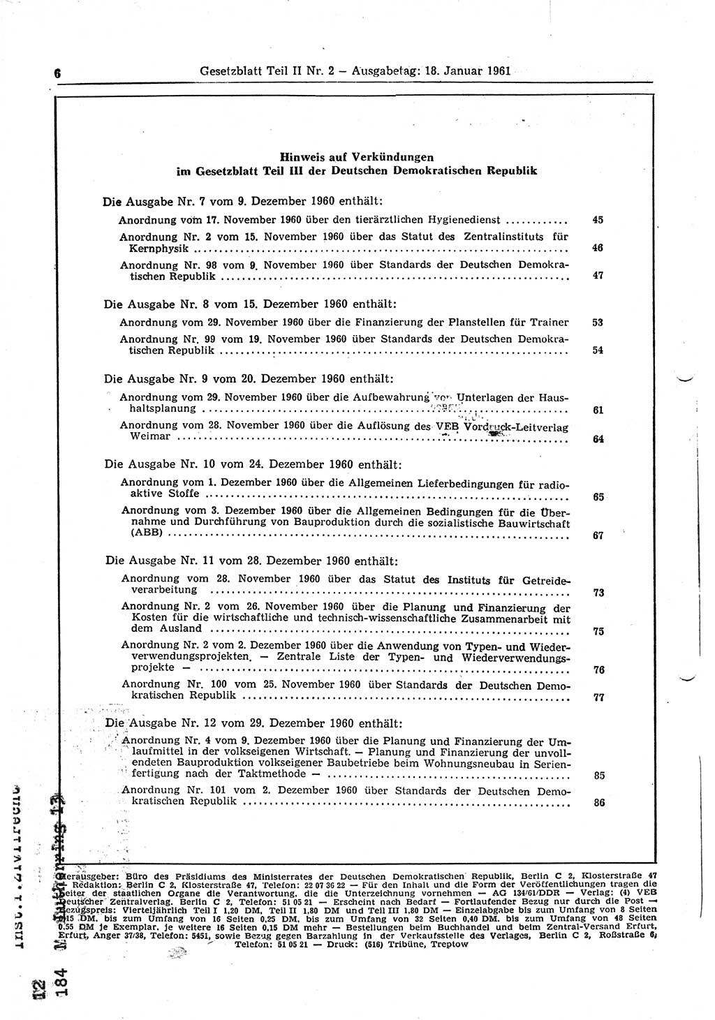 Gesetzblatt (GBl.) der Deutschen Demokratischen Republik (DDR) Teil ⅠⅠ 1961, Seite 6 (GBl. DDR ⅠⅠ 1961, S. 6)