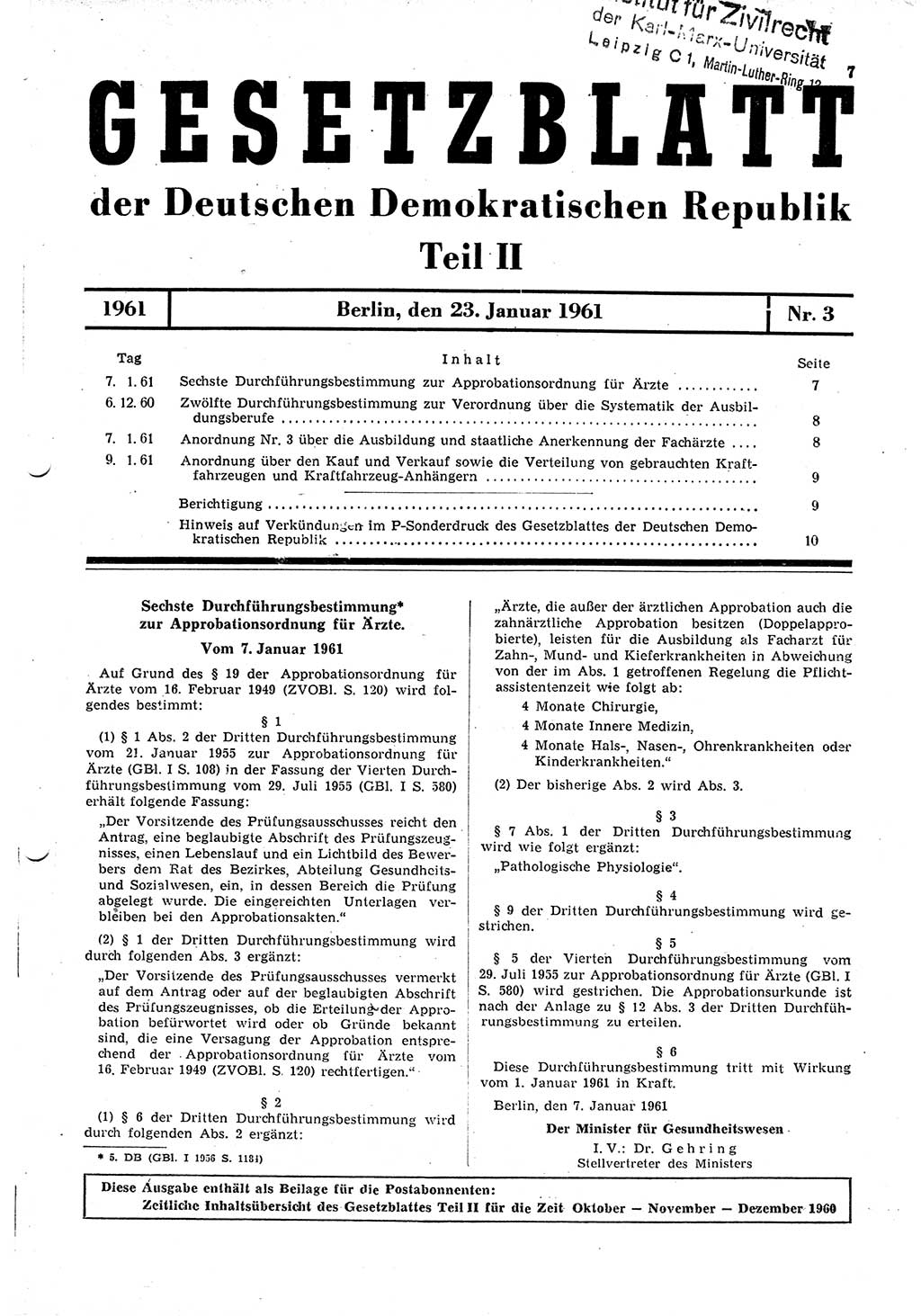 Gesetzblatt (GBl.) der Deutschen Demokratischen Republik (DDR) Teil ⅠⅠ 1961, Seite 7 (GBl. DDR ⅠⅠ 1961, S. 7)