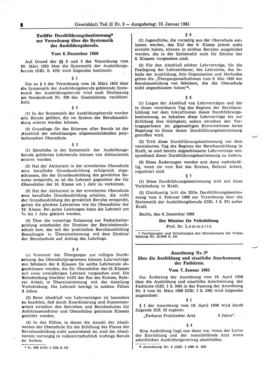 Gesetzblatt (GBl.) der Deutschen Demokratischen Republik (DDR) Teil ⅠⅠ 1961, Seite 8 (GBl. DDR ⅠⅠ 1961, S. 8)