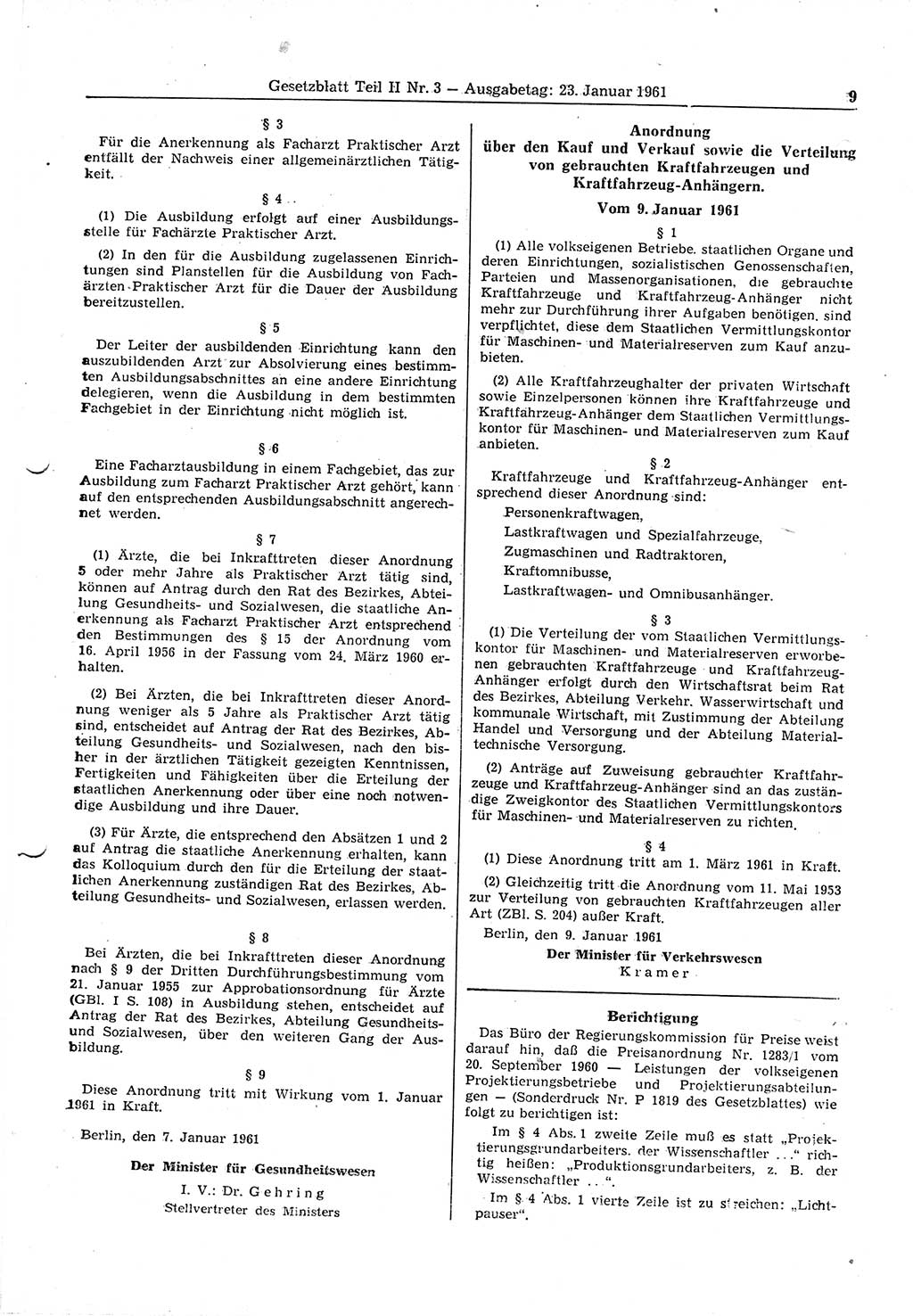 Gesetzblatt (GBl.) der Deutschen Demokratischen Republik (DDR) Teil ⅠⅠ 1961, Seite 9 (GBl. DDR ⅠⅠ 1961, S. 9)