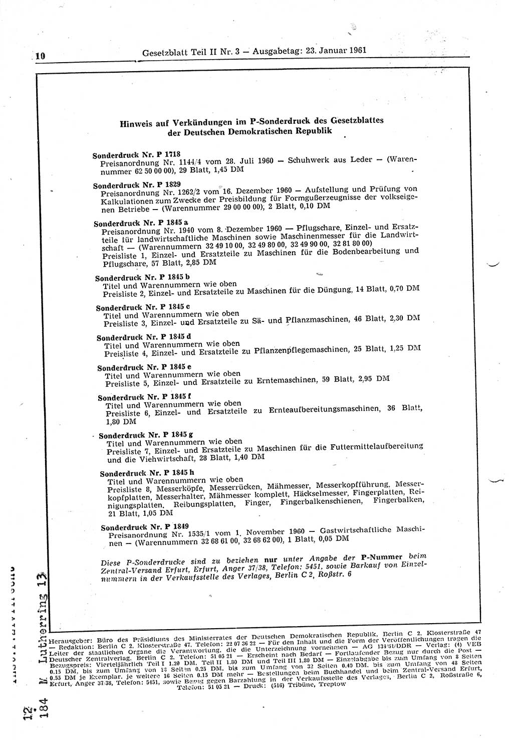 Gesetzblatt (GBl.) der Deutschen Demokratischen Republik (DDR) Teil ⅠⅠ 1961, Seite 10 (GBl. DDR ⅠⅠ 1961, S. 10)