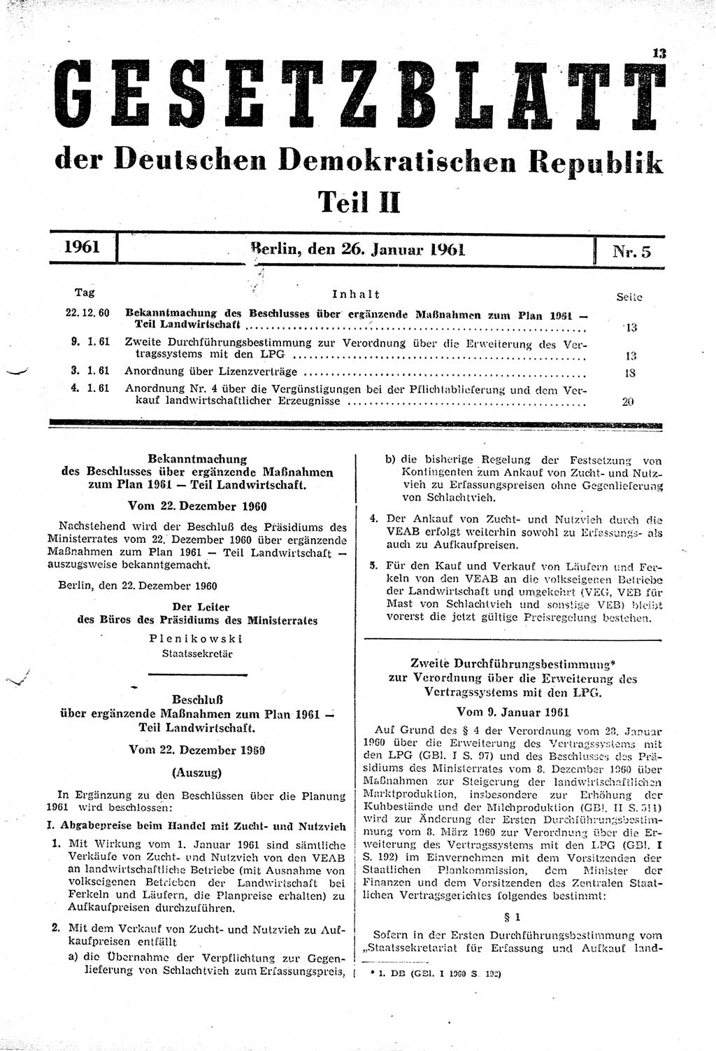 Gesetzblatt (GBl.) der Deutschen Demokratischen Republik (DDR) Teil ⅠⅠ 1961, Seite 13 (GBl. DDR ⅠⅠ 1961, S. 13)