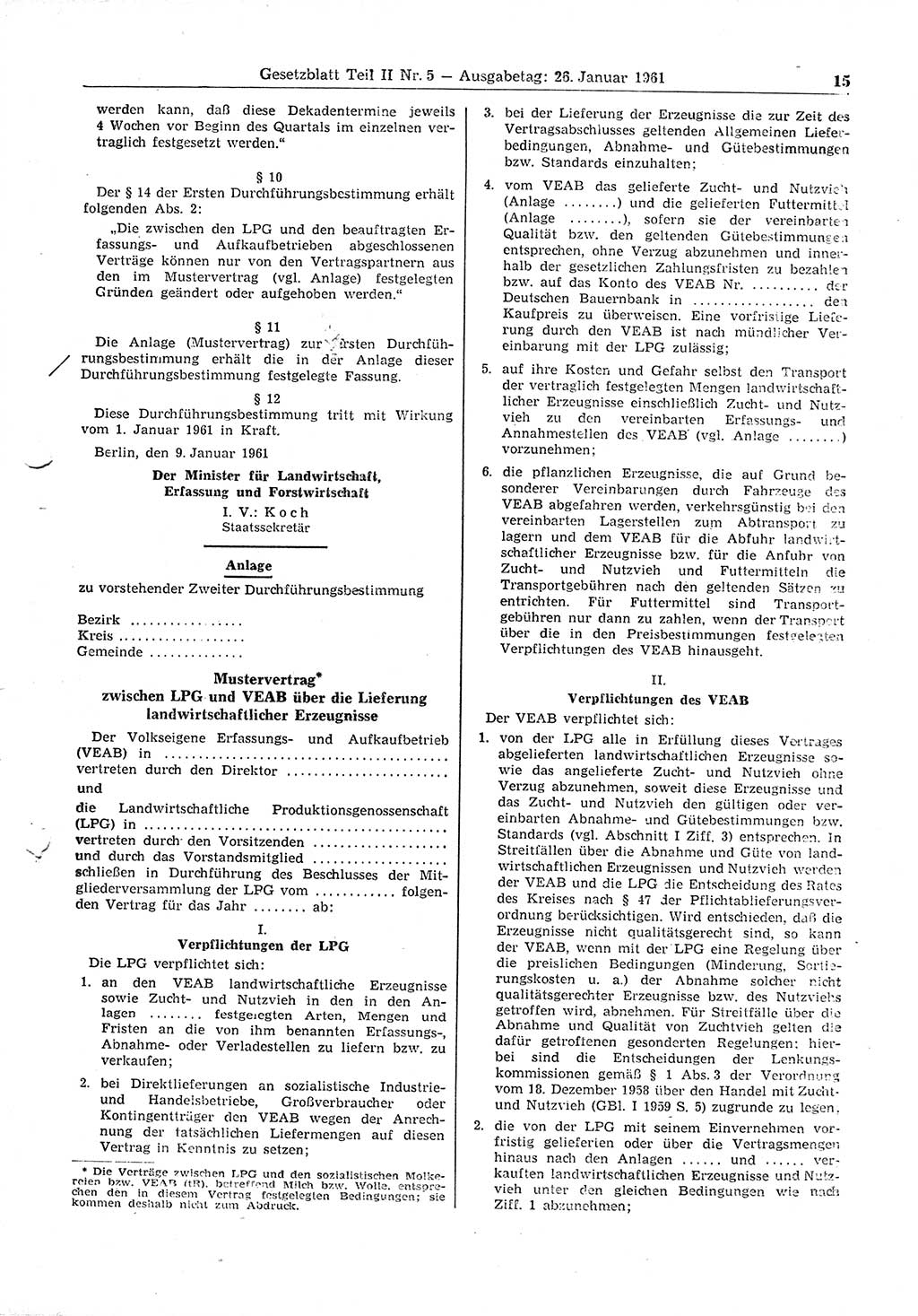 Gesetzblatt (GBl.) der Deutschen Demokratischen Republik (DDR) Teil ⅠⅠ 1961, Seite 15 (GBl. DDR ⅠⅠ 1961, S. 15)