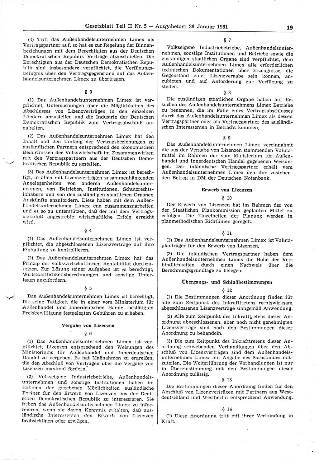 Gesetzblatt (GBl.) der Deutschen Demokratischen Republik (DDR) Teil ⅠⅠ 1961, Seite 19 (GBl. DDR ⅠⅠ 1961, S. 19)